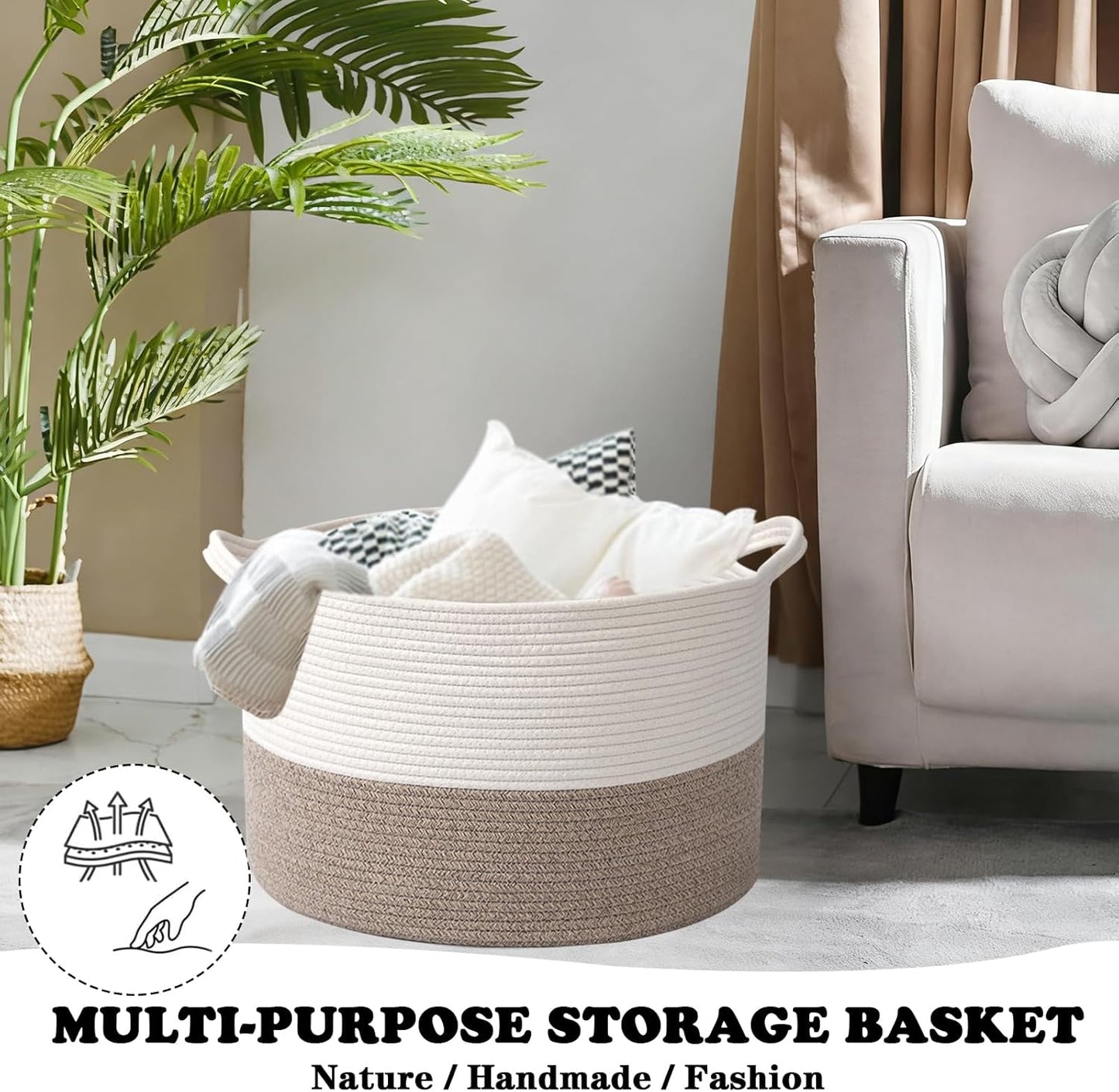 Large Blanket Basket for Organizing,115L Closet Organizers and Storage Bins Box for Shelves Woven Rope Storage Baskets,Living Room,Bedroom,Dorm,Laundry room (White&Brown)