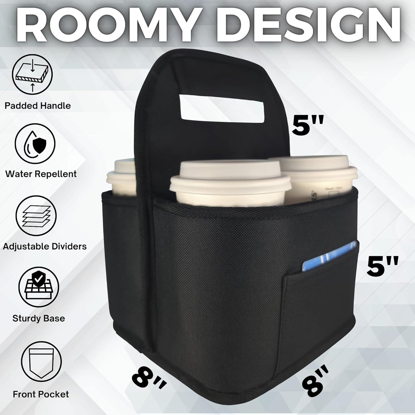 Insulated Reusable 4-Cup Drink Carrier with Adjustable dividers, Money Pocket, Straw Slot and Handle. Ideal for delivery, Takeout, Travel, and Outdoor use