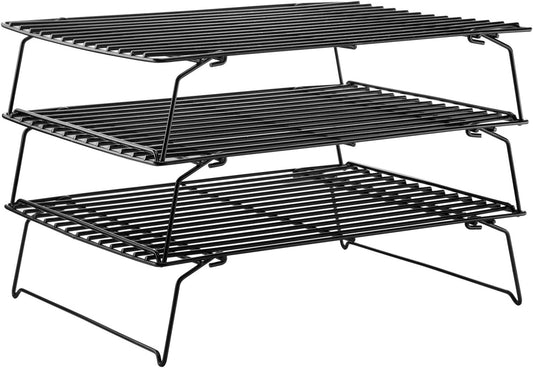 CHEFMADE Baking and Cooling Rack Set, 13.5-Inch 3-Tier Non-Stick Stackable Collapsible Rectangle Wire Rack for Oven Baking (Black)