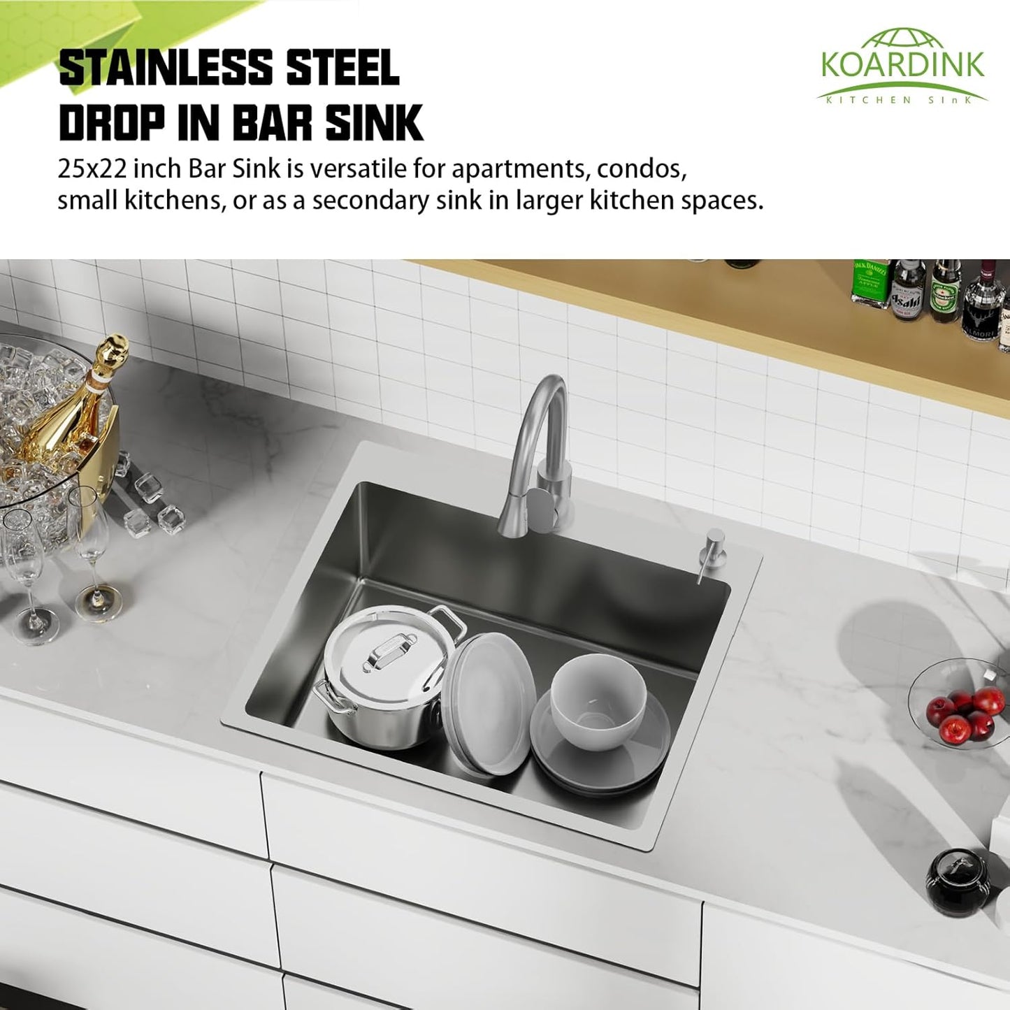 25x22 Inch Stainless Steel Kitchen Sink - Drop In Single Bowl Topmount Modern Kitchen And Bar Sink With Silicon Mat,Drain Strainer Set Compatibility With Various Kitchen&Bar Style