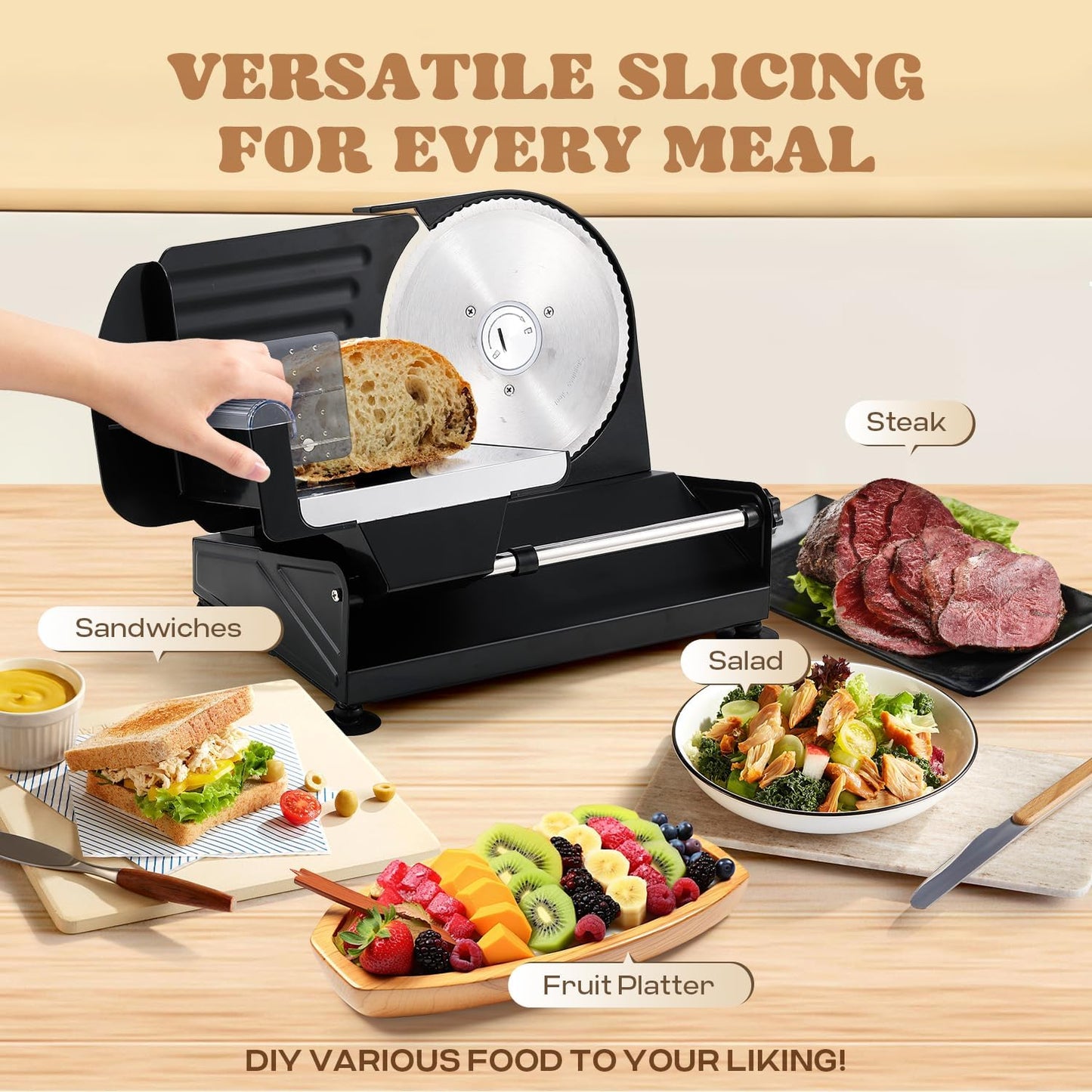 Moongiantgo Electric Meat Slicer 220W, 1-20mm Adjustable Thickness Deli Food Slicer with 2 Removable 7.3" Stainless Steel Blade, Removable Food Platform, Cheese Fruit Bread Slicer for Home,110V