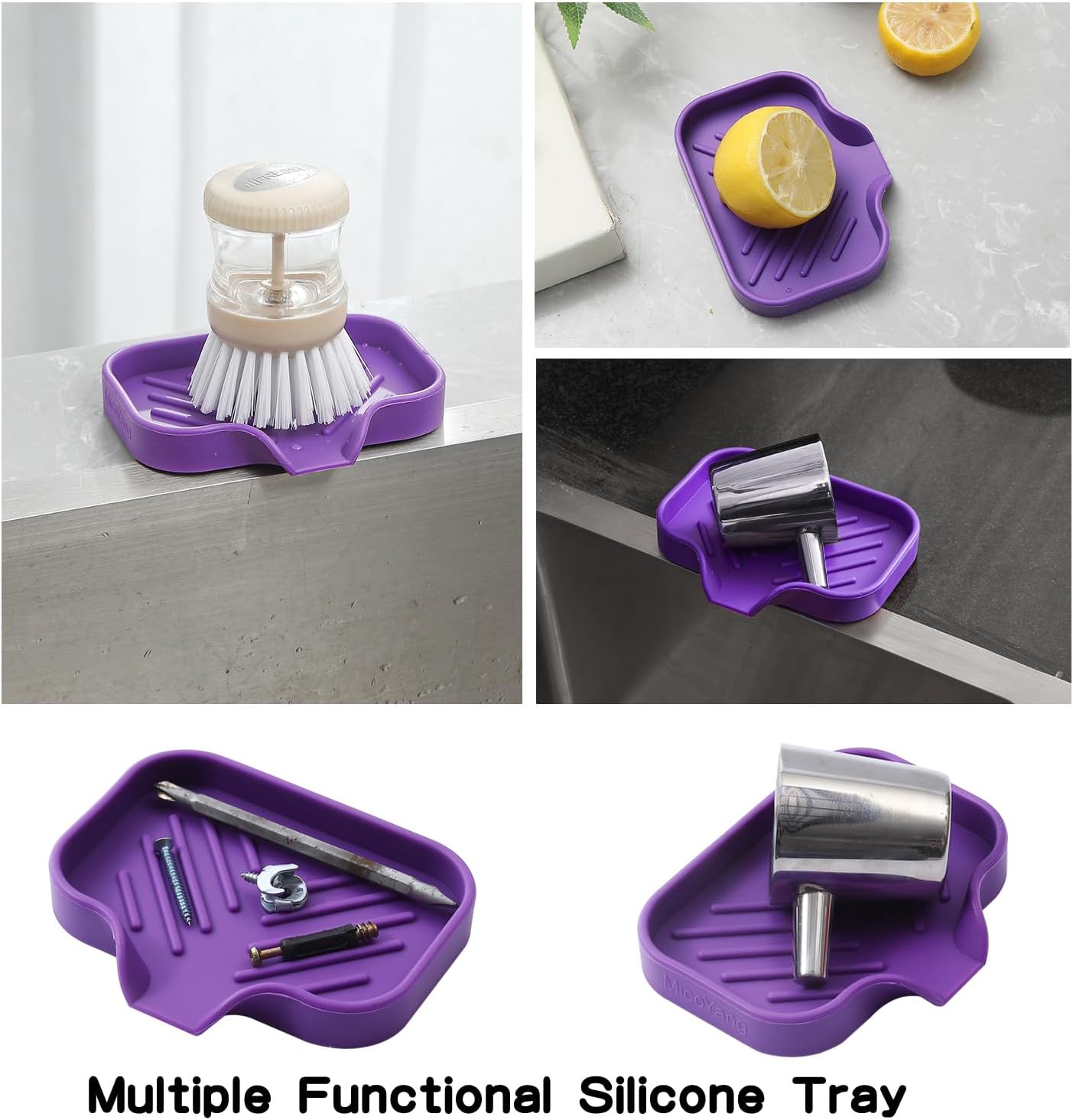 Silicone Bathroom Soap Dishes with Drain Spout-Bathroom and Kitchen Sink Organizer,Sponge Holder,Dish Soap Tray,Perfect for Dispenser,Scrubber,Bottle,Cup on Sink or Counter-Purple 4.9"×3.2"