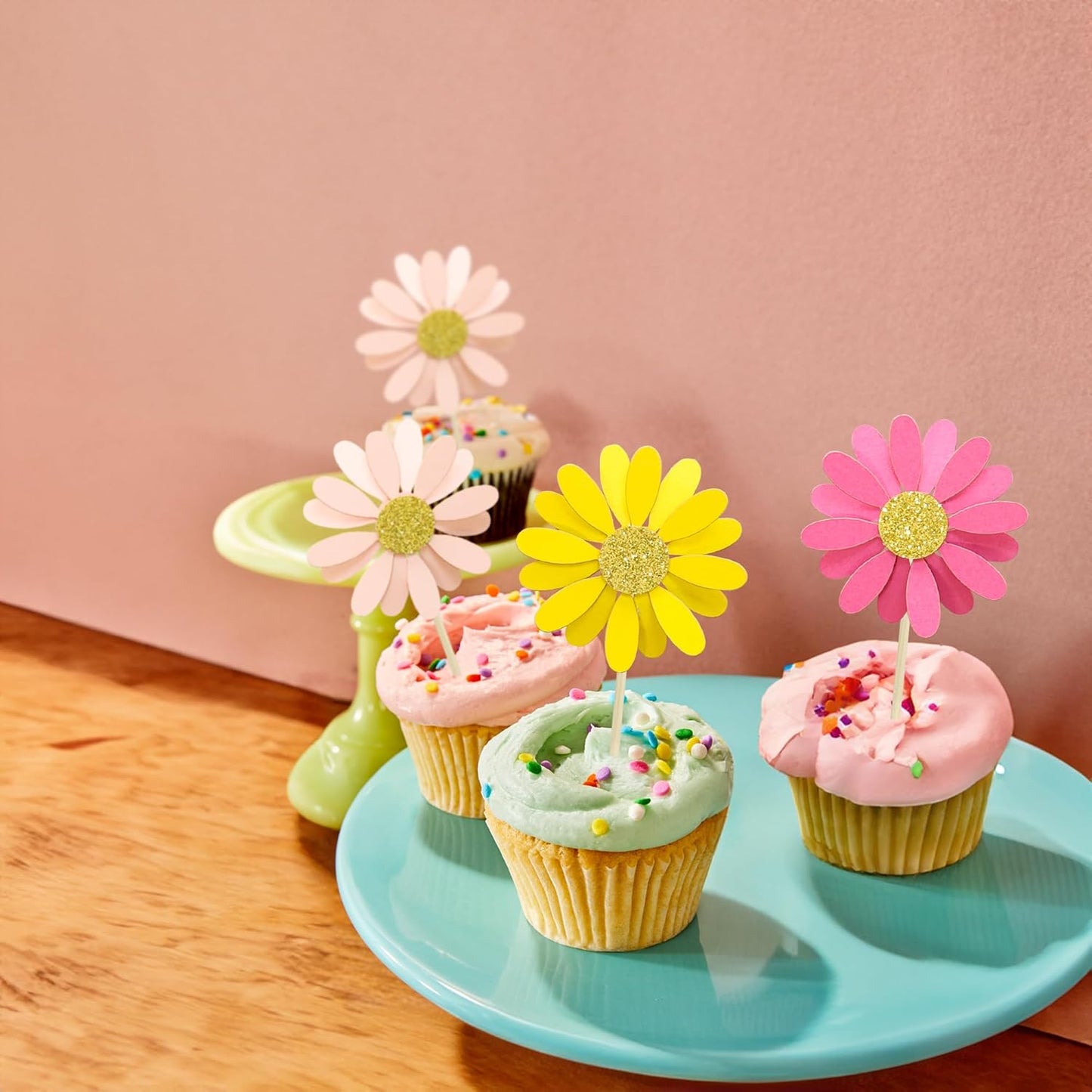 Ephlyn 24Pcs Daisy Cupcake Toppers Daisy Cake Decorations Chrysanthemum Cupcake Toppers Spring Daisy Flower Cake Picks for Birthday Wedding Supplies Multicolor 3