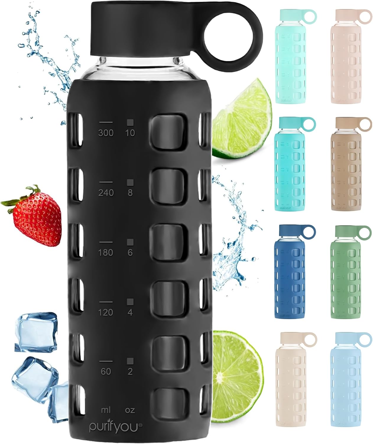 purifyou 40oz / 32oz / 22oz / 12oz Borosilicate Glass Water Bottle with Time & Volume Markers, Silicone Sleeve, Stainless Steel Lid – Reusable Glass Bottle for Water & Juice (12oz Jet Black)