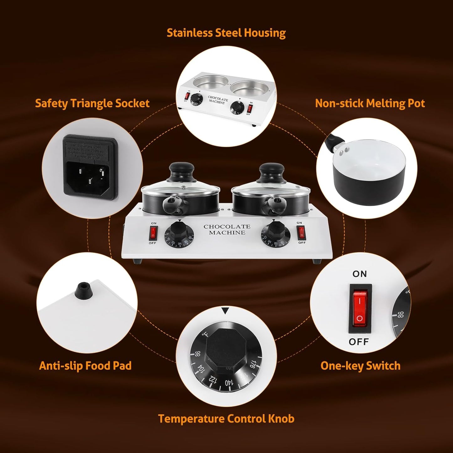 WICHEMI Chocolate Melting Pot Chocolate Warmer Chocolate Melter Chocolate Tempering Machine Pot for Home, Commercial Electric Melting for Chocolate, Butter, Cheese, Cream, Candy, Milk (Double Pots)