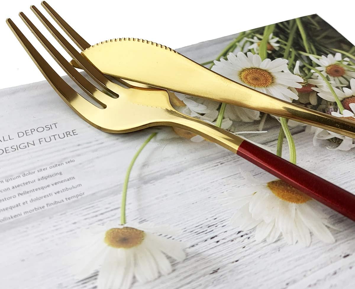 Red Gold Silverware Set, JASHII 20-Piece Stainless Steel Satin Finish Flatware Set, Kitchen Utensil Set, Mirror Polished Tableware Cutlery Set for Home and Restaurant, Dishwasher Safe