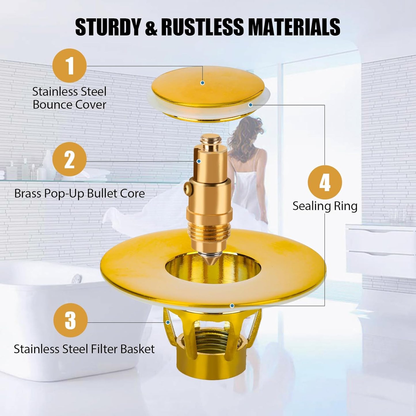 Three colors Bathroom Sink Stopper, 1.1-1.5" Bathroom Sink Drain Strainer, Universal WashBasin Pop Up Drain Stopper, Bounce Core Push Type Sink Plug, Anti-Clogging, Stainless Steel (Gold,1PCS)