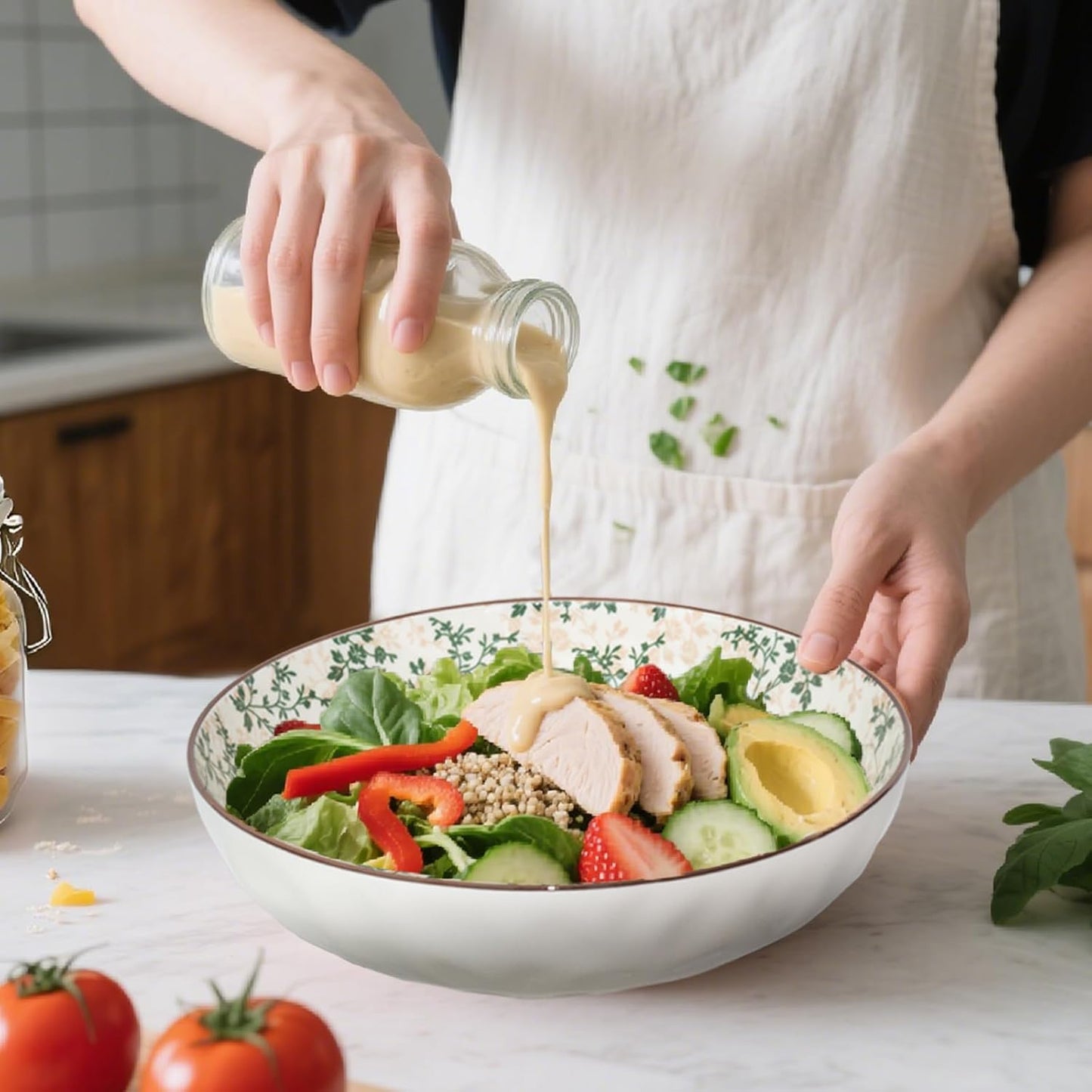Large Serving Bowls, 78Oz Extra Large Salad Bowls Set of 2, Green Floral Pattern Design Decorative Bowls for Salad, Fruit, Pasta and Dinner, Serving Dishes Set for Party (Green Floral of 2)
