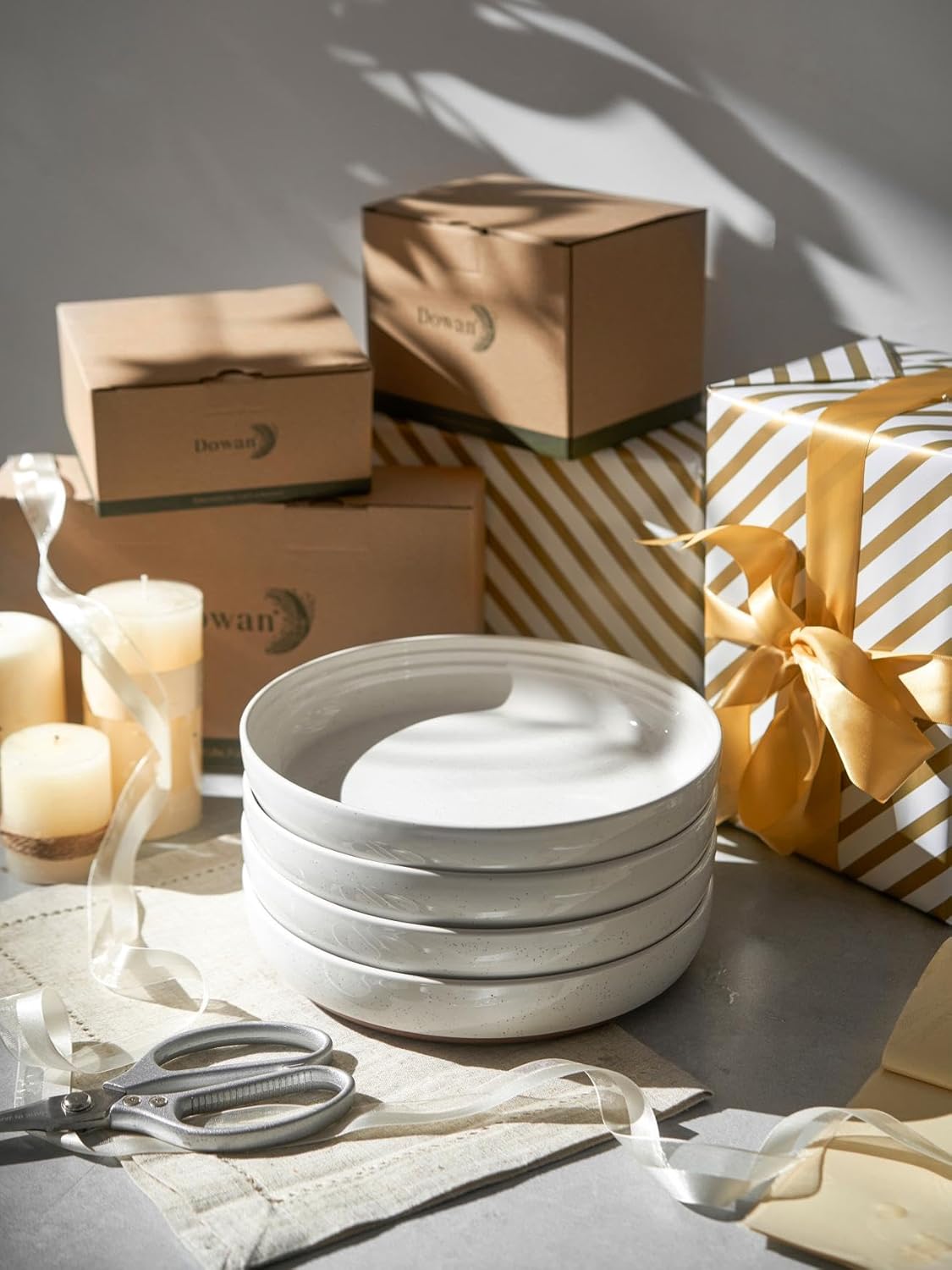 DOWAN 9.6" Ceramic Pasta Bowls Set of 4, Large Shallow White Dinner Bowls with Sesame Glaze Finish, Wide Bowl Plates for Pasta, Salad, Soup & Stew, Microwave & Dishwasher Safe, Housewarming Gift