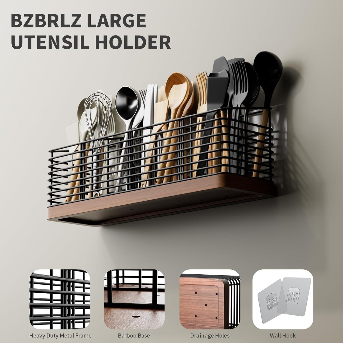 Large Utensil Holder for Kitchen Counter with 4 Compartments, Matte Black Metal Holder with Wooden Base Cooking Utensil Organizer for Spatula Utensil Crock Caddy