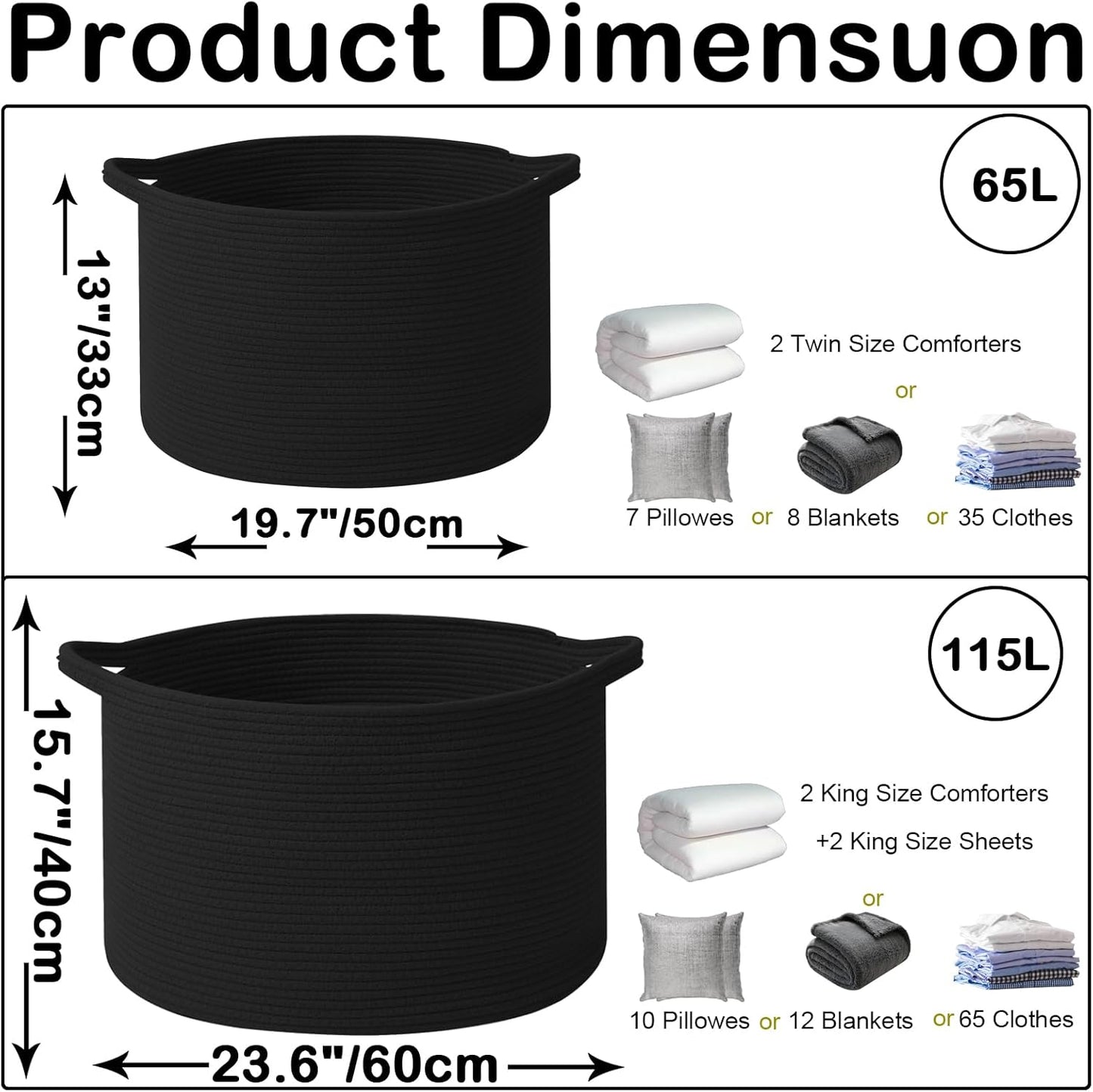 Large Blanket Basket for Organizing,65L Closet Organizers and Storage Bins Box for Shelves Woven Rope Storage Baskets,Living Room,Bedroom,Dorm,Laundry room (Black)