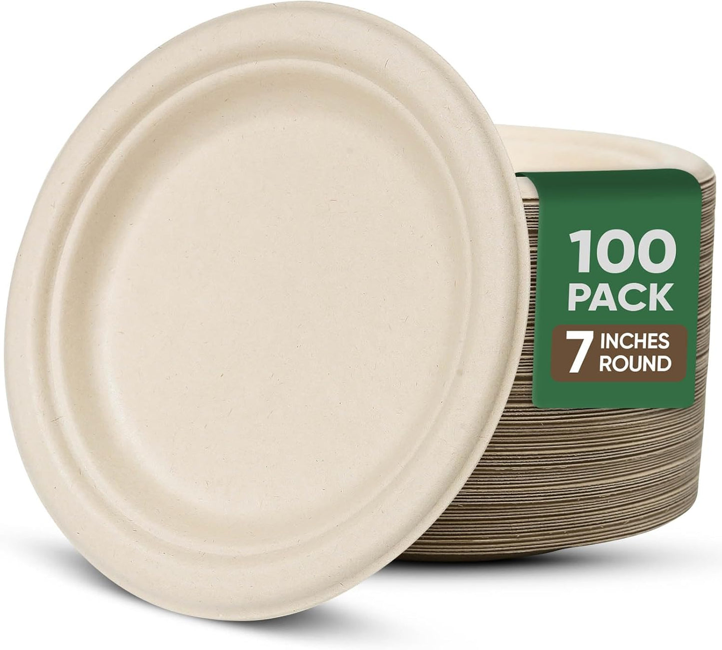 7 Inch Paper Plates 100 Pack - 100% Compostable Disposable Plates, Heavy Duty Dessert Plates, Biodegradable Sugarcane Plates for Party (Microwavable, Oil/Water Proof, Eco-Friendly, Brown)