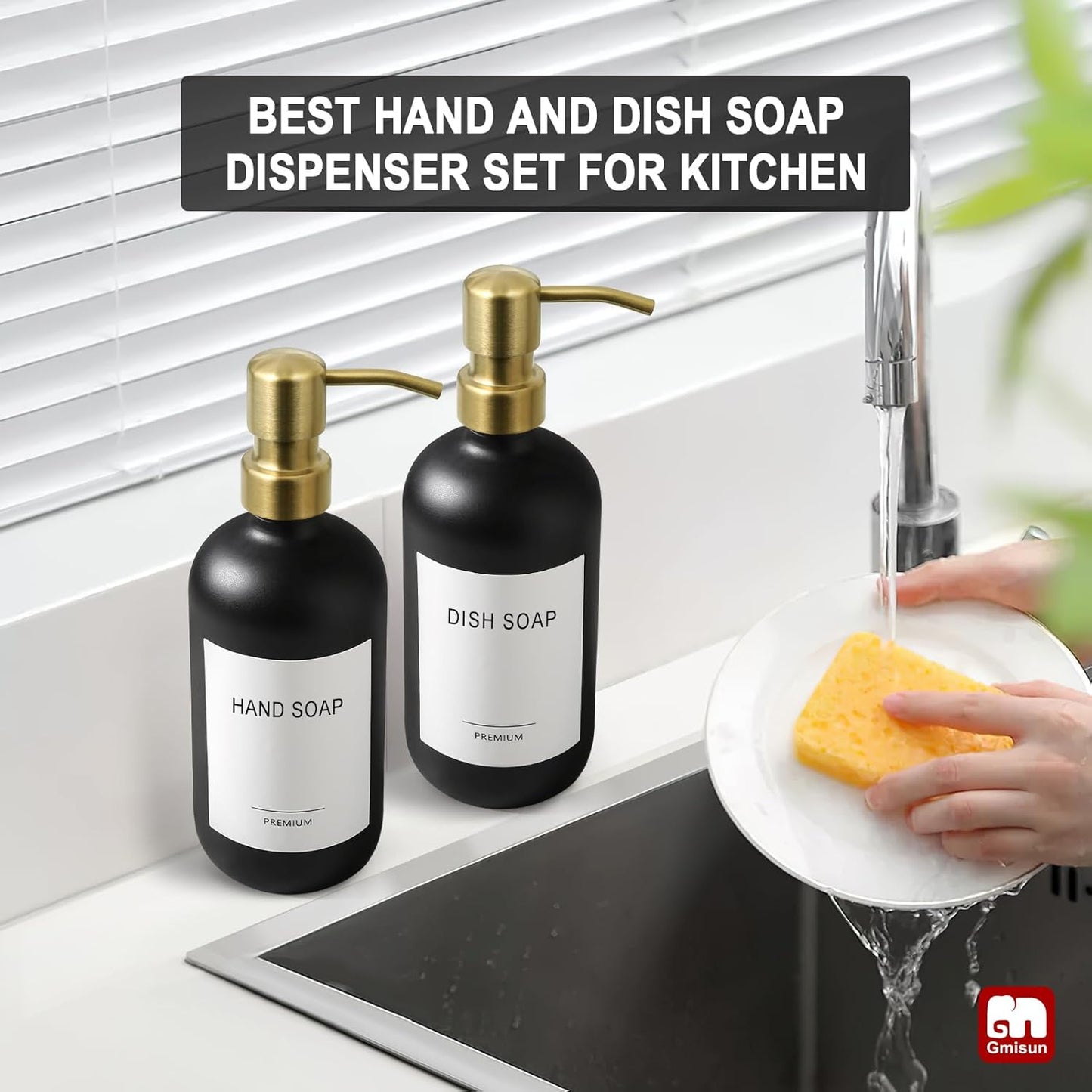GMISUN Gold Soap Dispenser, 2 Pack Matte Black Glass Bathroom Hand Soap Dispenser with Rustproof Golden Pump, 17 Fl Oz Kitchen Hand and Dish Soap Dispensers Set, Modern Liquid Soap Lotion Bottle