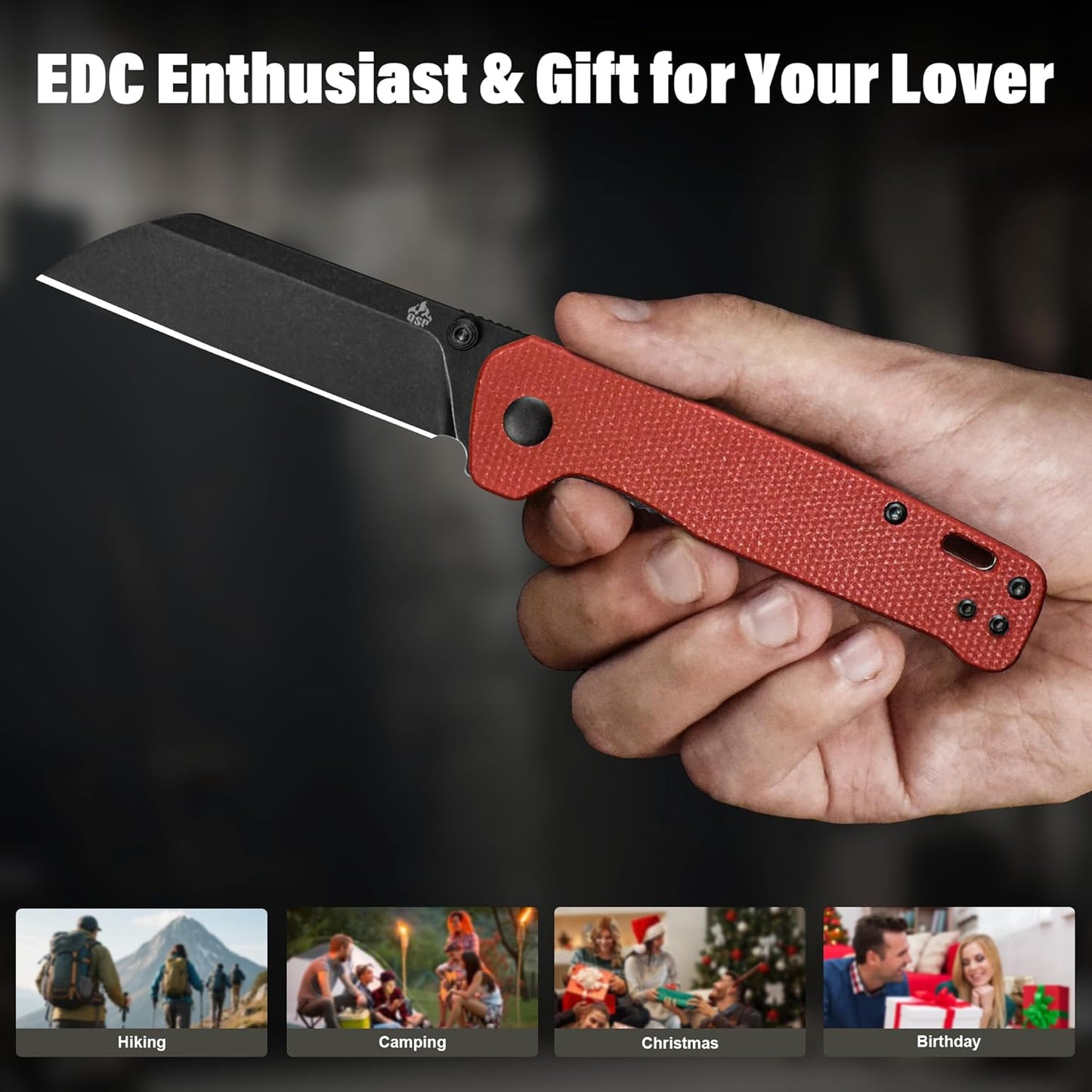 QSP Penguin V2 Folding Pocket Knife, 3.06" D2 Black Stonewash Blade EDC Knife, Red Micarta Handle, Liner Lock, Ceramic Ball Bearings, Reversible SS Deep Carry Clip