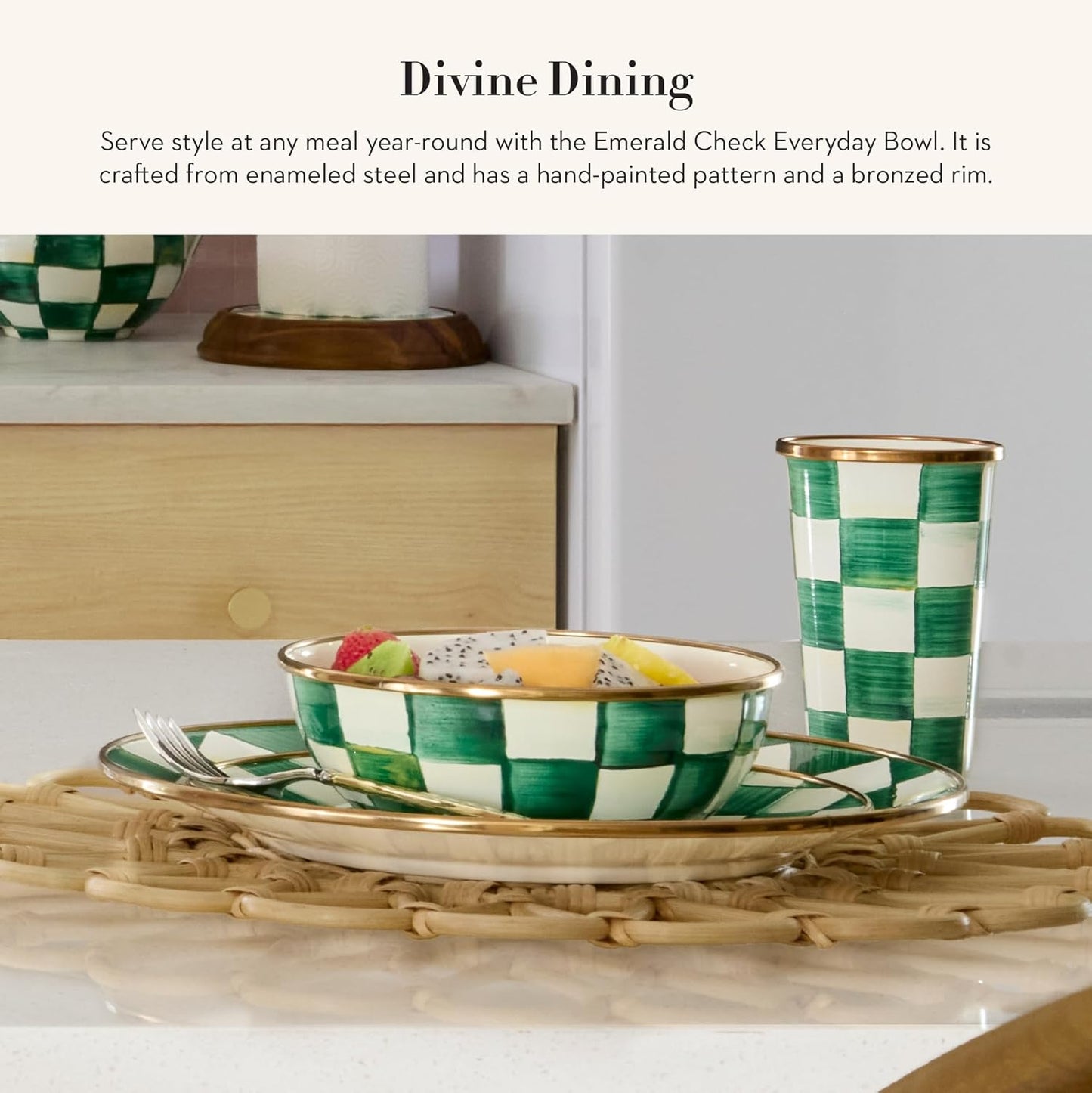 MACKENZIE-CHILDS Enamel Everyday Bowl, Serving Bowl for Entertaining, Extra Small, Green-and-White Emerald Check