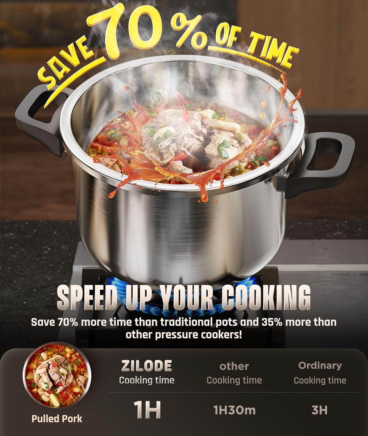 Pressure Cooker 4 QT, [Save 70% Cooking Time] Stainless Steel Pressure Canner with Triple-Layer Steel Body [One Hand Operation] Rotating Lock/Unlocking Lid System Steam Rack Included Olla De Presion