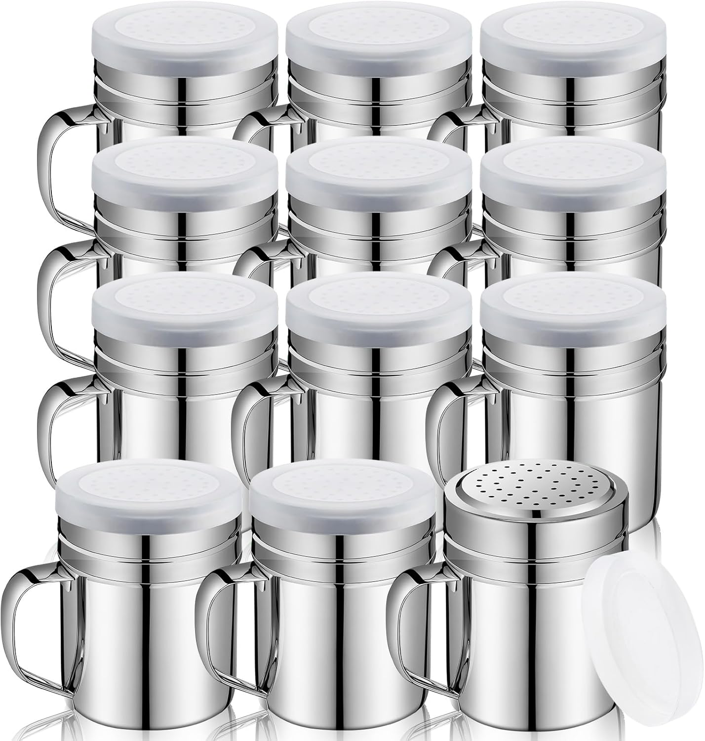 Lallisa 12 Pcs 10 oz Stainless Steel Spice Shakers with Holes and Lids Dredge Shakers with Handle Versatile Salt Shaker for Sugar Pepper Seasoning Flour Popcorn Cinnamon Powder Container Accessories
