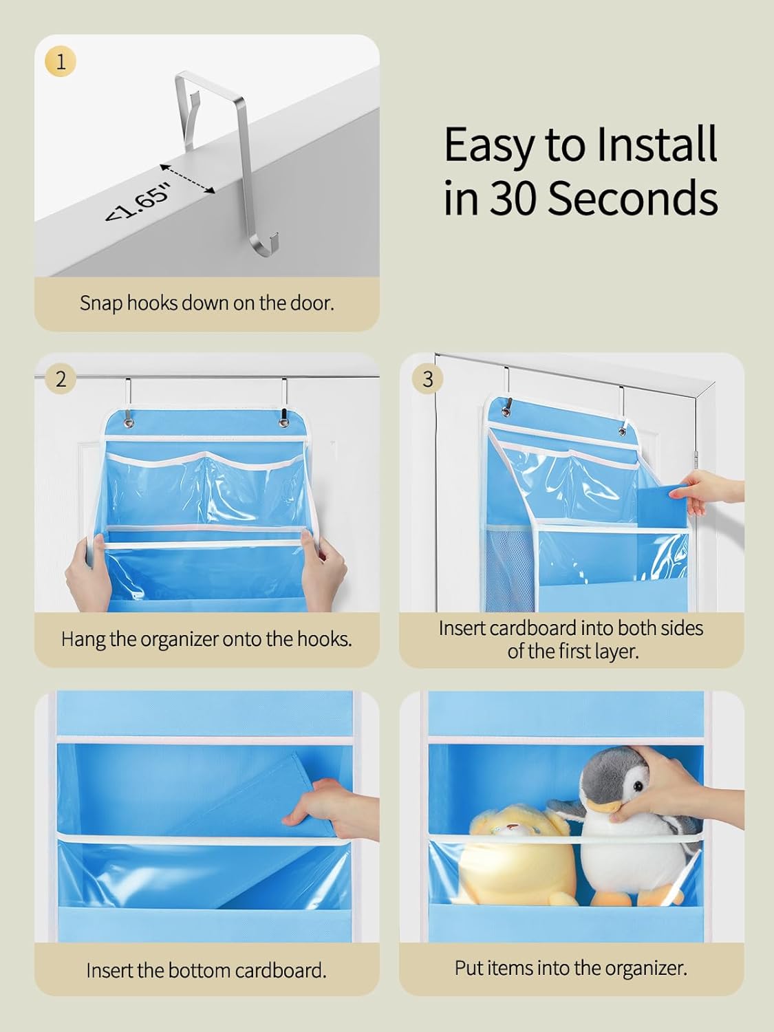 Yecaye 5 Tier 2Pc Over the Door Organizer, Swing-proof Door Organizer Hanging with Clear PVC Windows, Behind the Door Storage for Bedroom Nursery Closet Laundry Pantry Bathroom, Soft Sky Blue