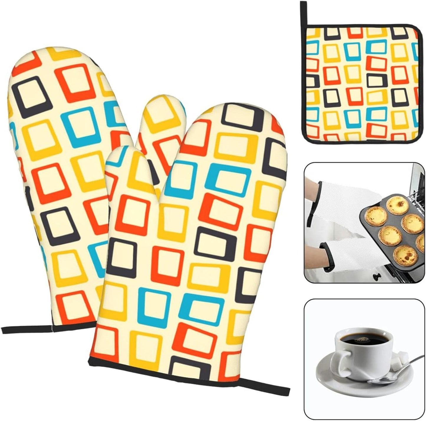 Mid Century Modern Oven Mitts and Pot Holders Sets of 3 Retro Heat Resistant Non Slip BBQ Gloves for Cooking Grilling Baking Kitchen Decor