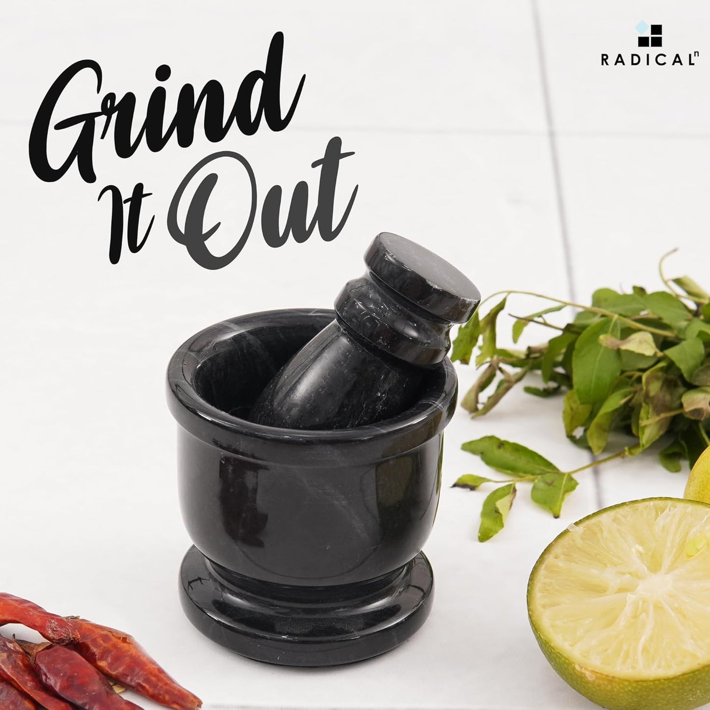 Radicaln Marble Mortar and Pestle Set Black 2.5" Inches Handmade Spice Grinder for Kitchen Herb Grinder Bowl & Garlic Crusher for Kitchen Accessories