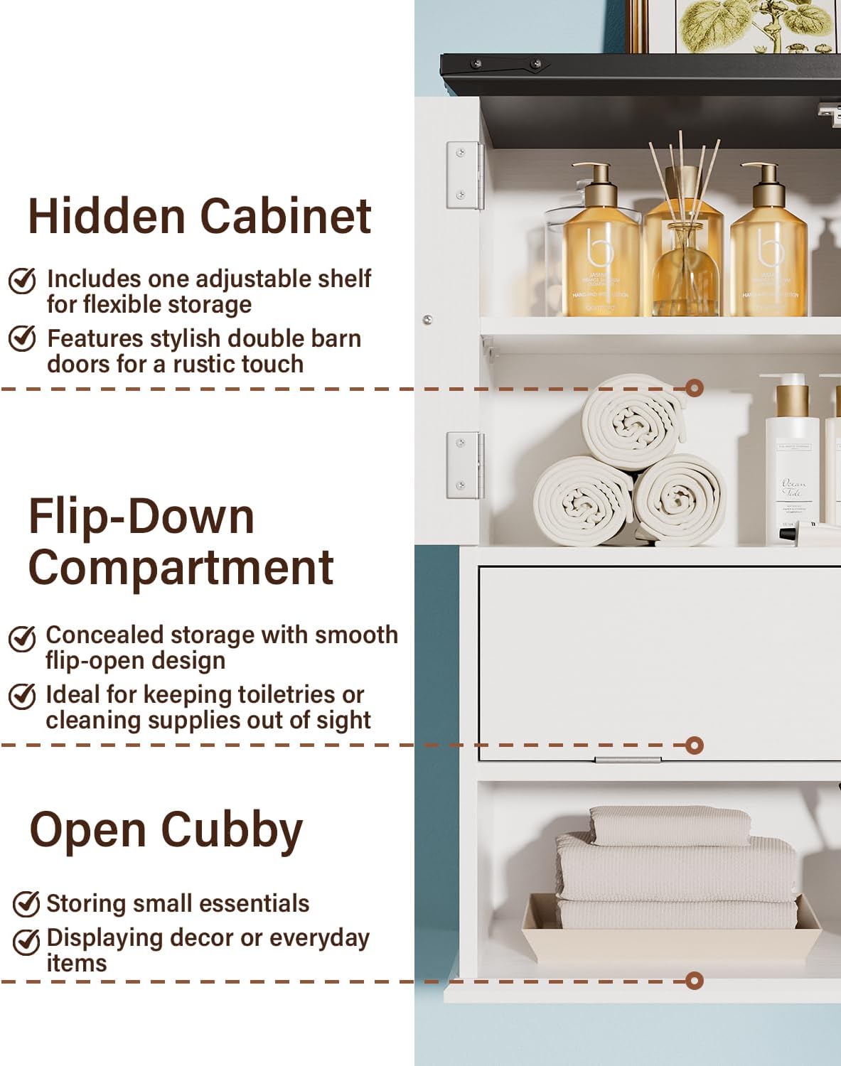 Wall Mounted Bathroom Cabinet with Double Doors, Flip-Down Storage and Open Shelf, Modern White Finish, Over-The-Toilet Space Saver Cabinet