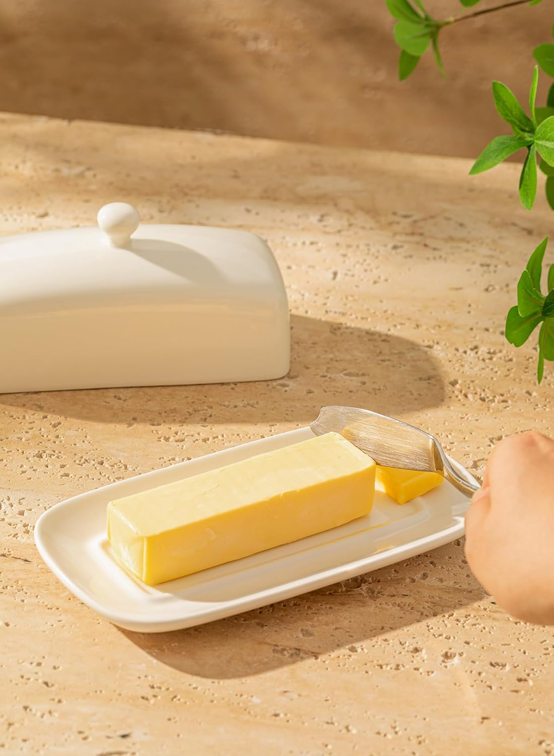 Sweese Butter Dish with Lid, Porcelain Butter Keeper, 7.8 Inch Butter Holder with Handle Cover, Butter Container Perfect for East West Coast Butter, White