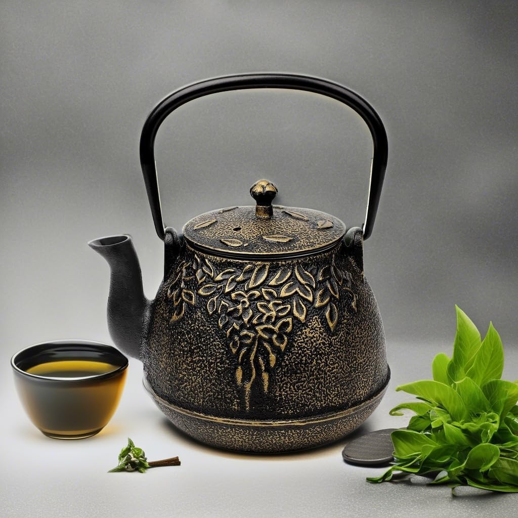 Tea Kettle, Toptier Japanese Cast Iron Tea Kettle for Stove Top, Stovetop Safe Cast Iron Teapot with Infusers for Loose Tea, 40 Ounce (1200 ml), Black