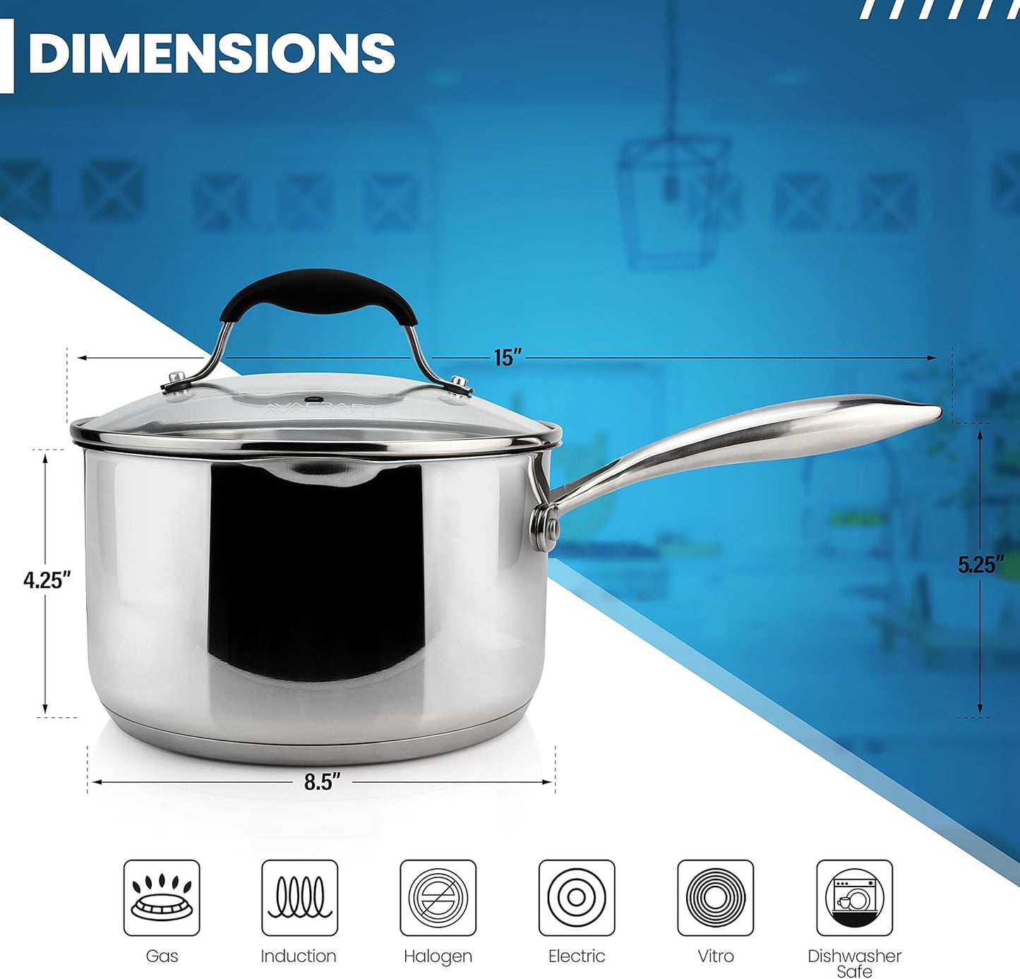 AVACRAFT Stainless Steel Saucepan with Glass Strainer Lid, Two Side Spouts for Easy Pour with Ergonomic Handle, Multipurpose Sauce Pot (5-Ply Capsule Bottom, 3.5 Quart)