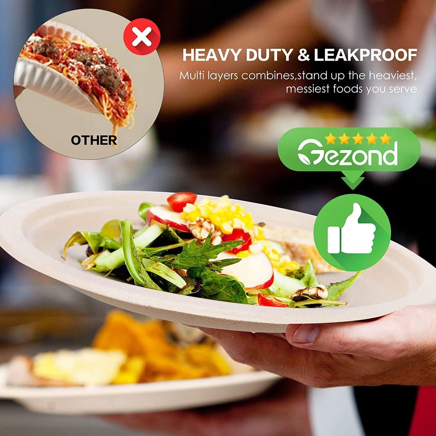 Gezond 100% Compostable Paper Plates 10 Inch 125 Pack Bulk Disposable Heavy-duty Plates Natural Biodegradable Sugarcane Bagasse Plate for Party Picnic