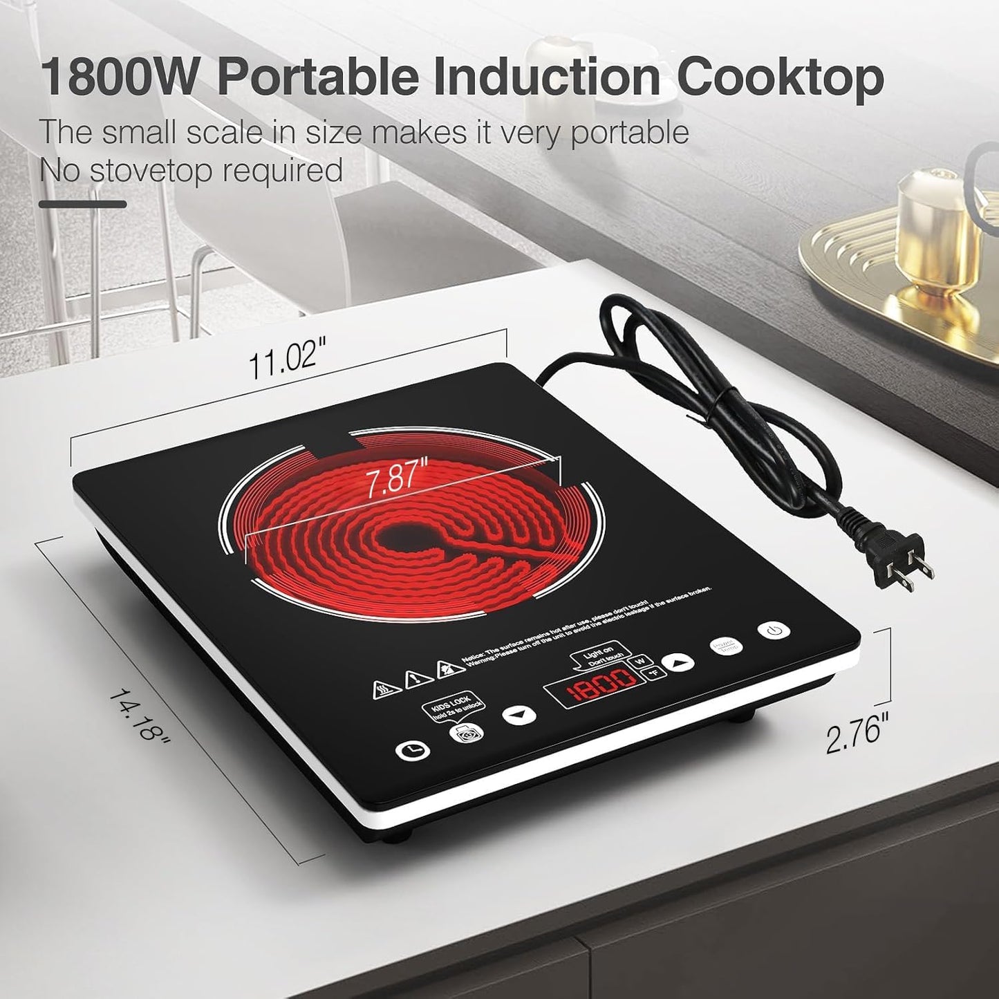 Single Burner Electric Cooktop 1800W - 110V Electric Stove Top Burner Portable Stove with Touch Control 9 Power Level - Induction Cooktop with Child Safety Lock Timer for Home Camping