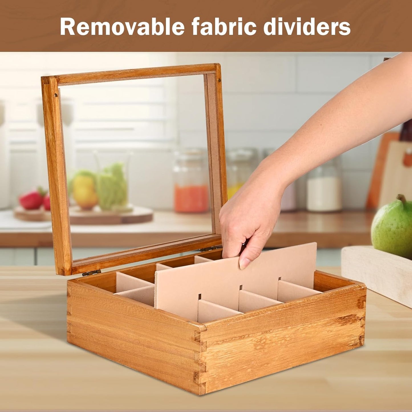 Wood Tea Box Organizer 12 Compartment Multi-Functional Storage Box with Clear Acrylic Window,Tea Bag Holder for Cabinet.