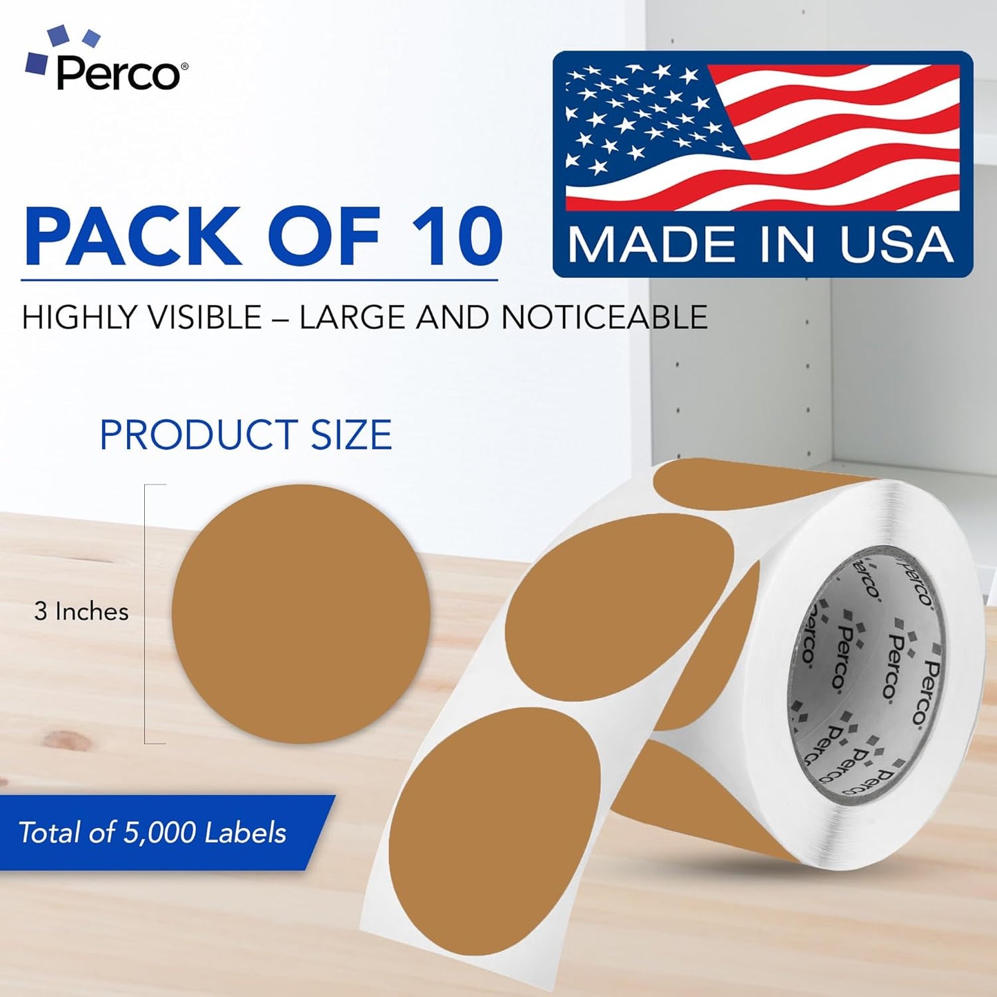 Perco Kraft Brown 3-Inch Perforated Circle Dot Sticker Labels — 10 Rolls, 5,000 Round Stickers — Natural, Cardboard-Like Surface with Permanent Adhesive for Organizing, Crafting & More—Made in USA