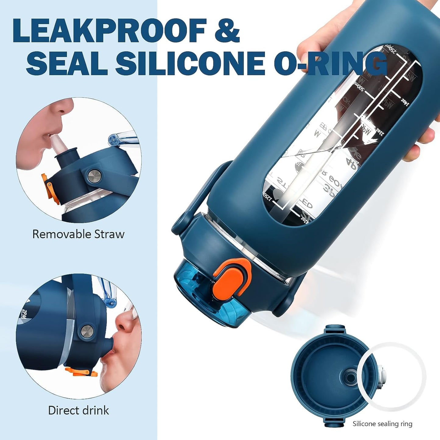 kytffu 42oz Glass Water Bottles with Straw, Motivational Glass Bottle with Silicone Sleeve and Time Marker, Leakproof Large Glass Water Jug for Gym Home Office,Blue