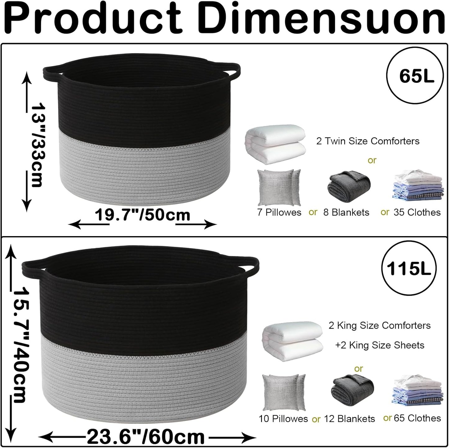 Large Blanket Basket for Organizing,65L Closet Organizers and Storage Bins Box for Shelves Woven Rope Storage Baskets,Living Room,Bedroom,Dorm,Laundry room (Black&Light Grey)