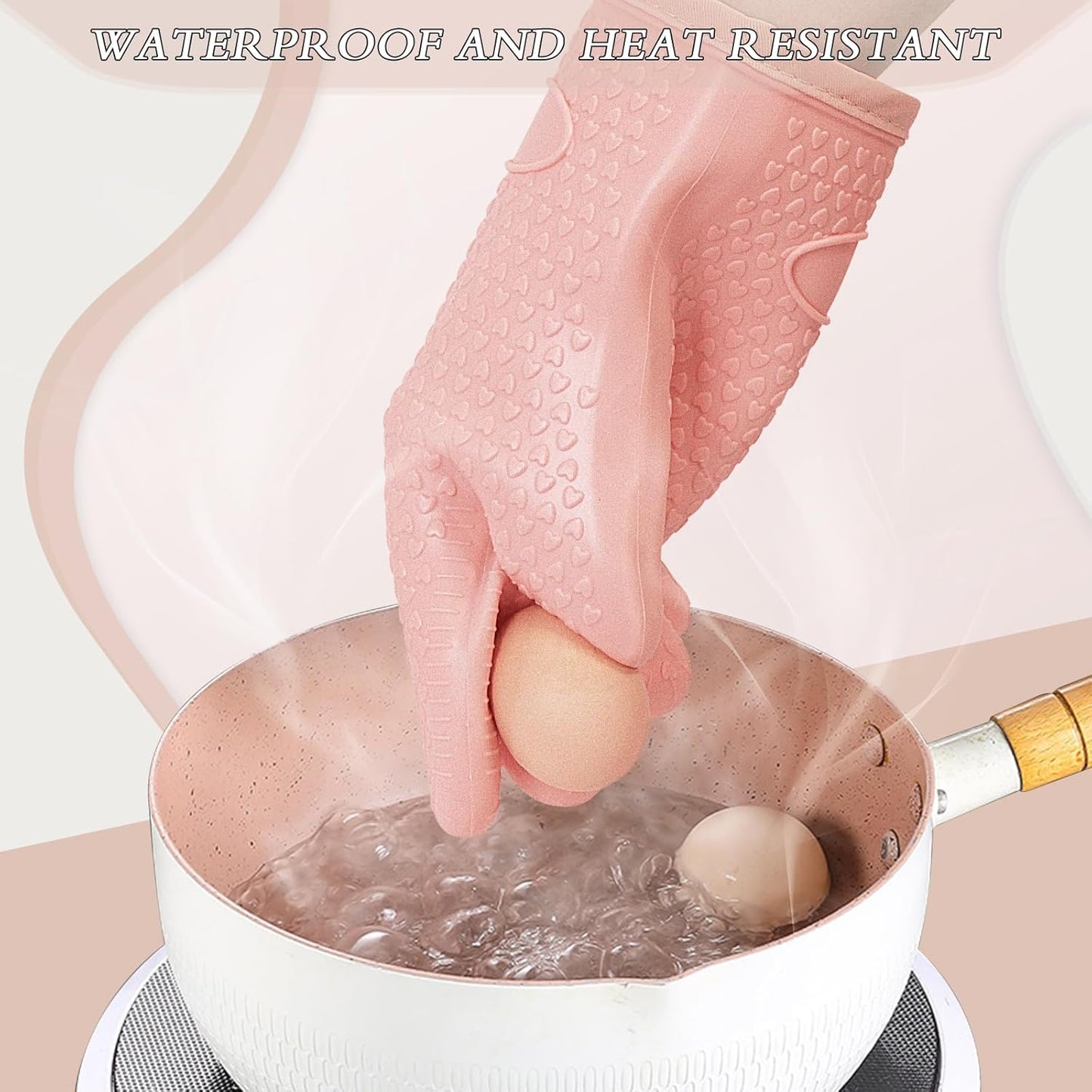 Oven Mitts with Fingers, Heat Resistant 500°F, Waterproof & Non-Slip Kitchen Gloves for Baking, Grilling, Cooking.5-Finger Design with Soft Lining, Hanging Hook,Pink