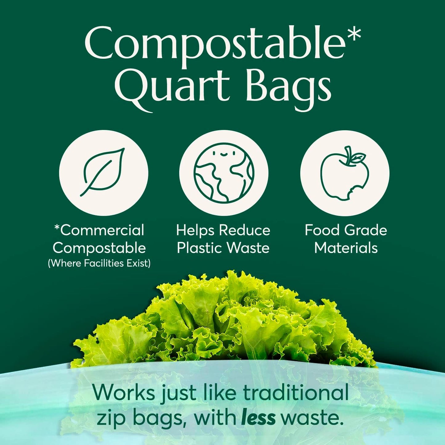Cleanomic Compostable* Quart Size Food Storage Bags (25 Eco Zip) Freezer and Leak Proof, Also Available Gallon, Snack and Sandwich Size Bags