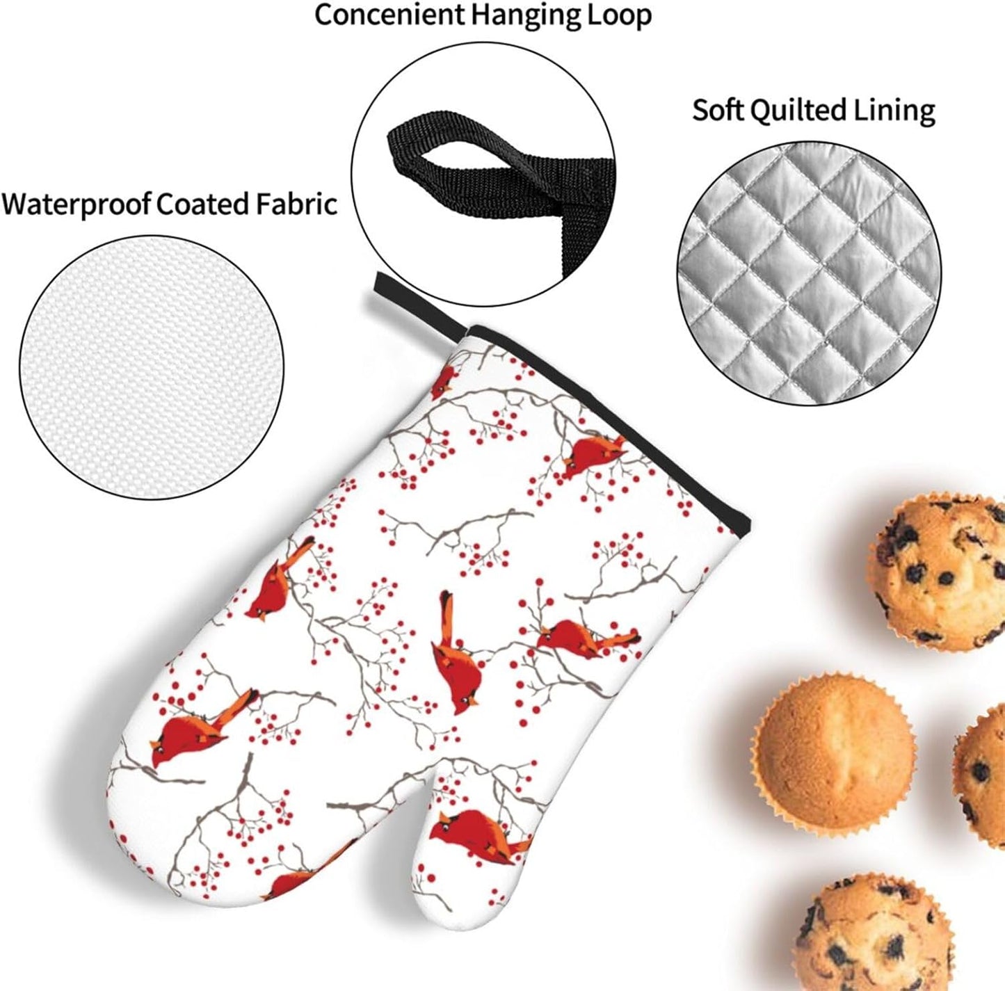 Cardinal Bird Red Berry Decor Oven Mitts and Pot Holders Sets of 3 Heat Resistant Non Slip BBQ Gloves for Cooking Grilling Baking Holiday Kitchen Decor