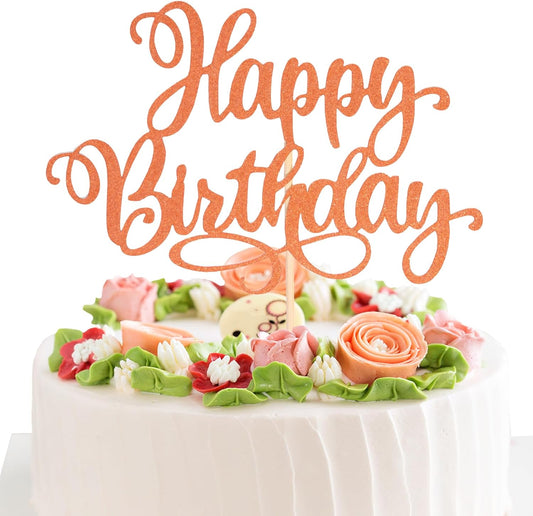 Happy Birthday Cake Toppers 9 Inch Glitter Happy Birthday Cake Pick for Birthday Anniversary Theme Party Cake Decorations Supplies - Orange