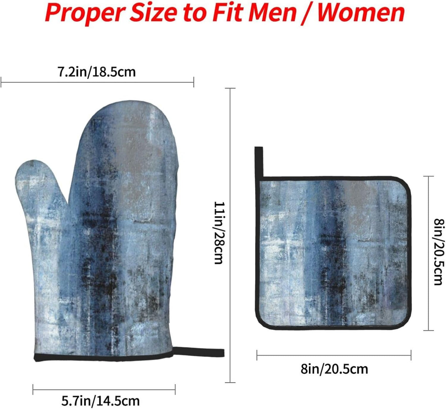 Blue and Grey Abstract Art Oven Mitts and Pot Holders Sets of 4 High Heat Resistant Oven Mitts with Oven Gloves and Hot Pads Polyester Potholders for Kitchen Baking Grilling BBQ Cooking Mitts