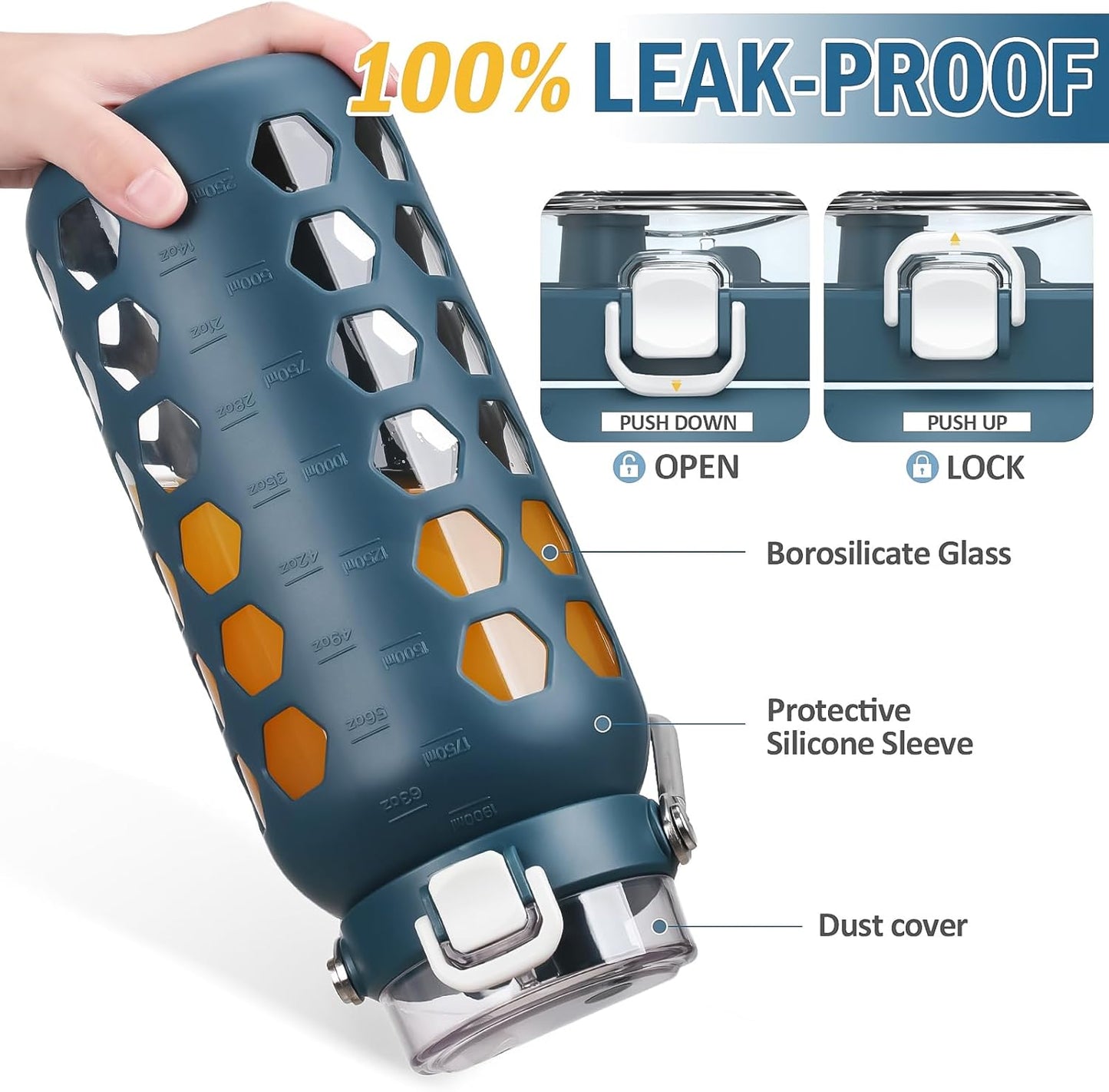 MUKOKO 64oz Glass Water Bottles with Straw and Lid,Half Gallon Water Bottle with Time Marker,Large Glass Water Jug with Silicone Sleeve and Stainless Steel Handle-Blue