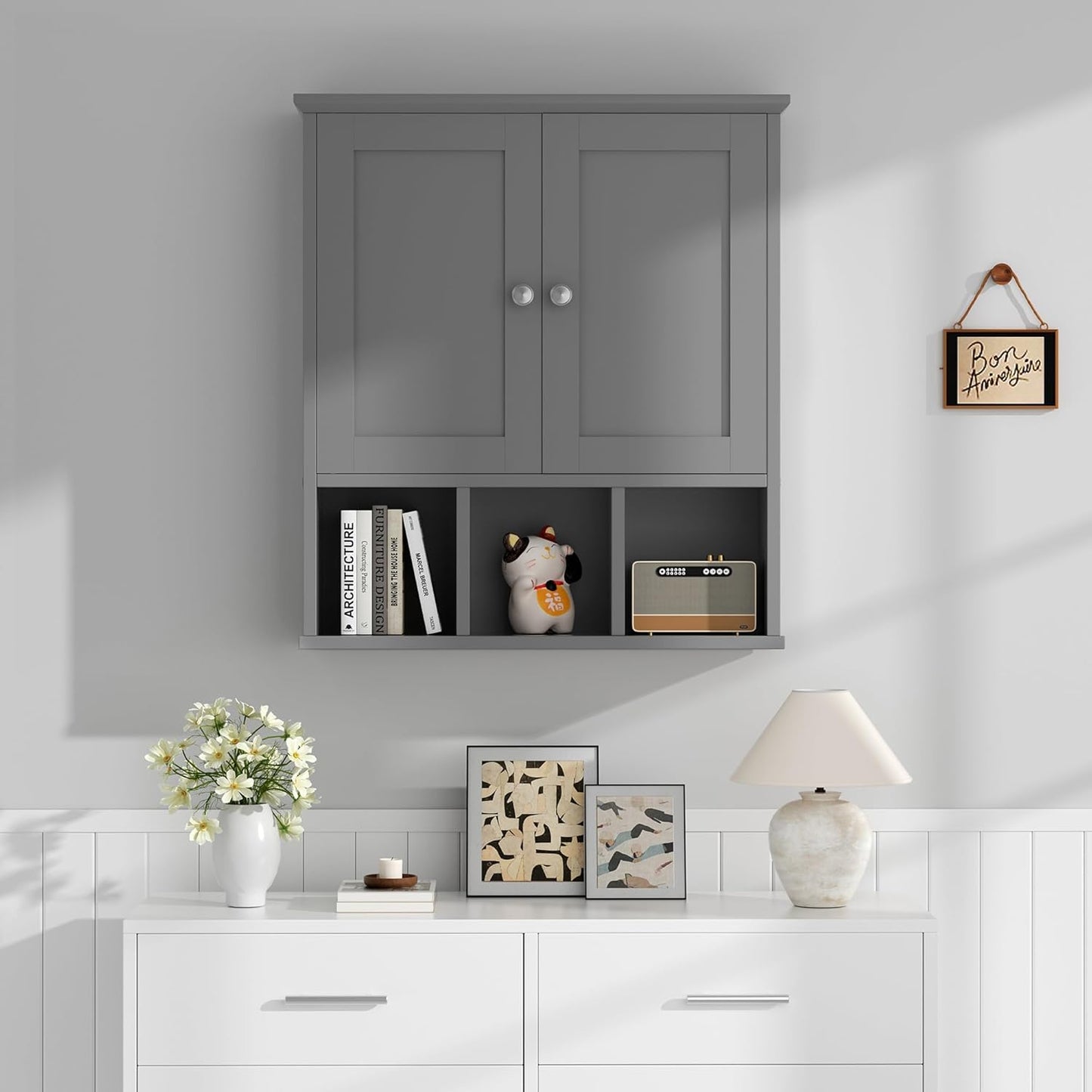 Shintenchi Bathroom Wall Cabinet with Door, Storage Organizer Over The Toilet Medicine, Space Saving with Adjustable & Open Shelf, Gray