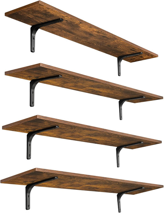 DINZI LVJ Long Wall Shelves, 47.3Inch Wall Mounted Shelves Set of 4, Extra Large Wall Storage Ledges with Sturdy Metal Brackets for Living Room, Bathroom, Bedroom, Kitchen, Rustic Brown