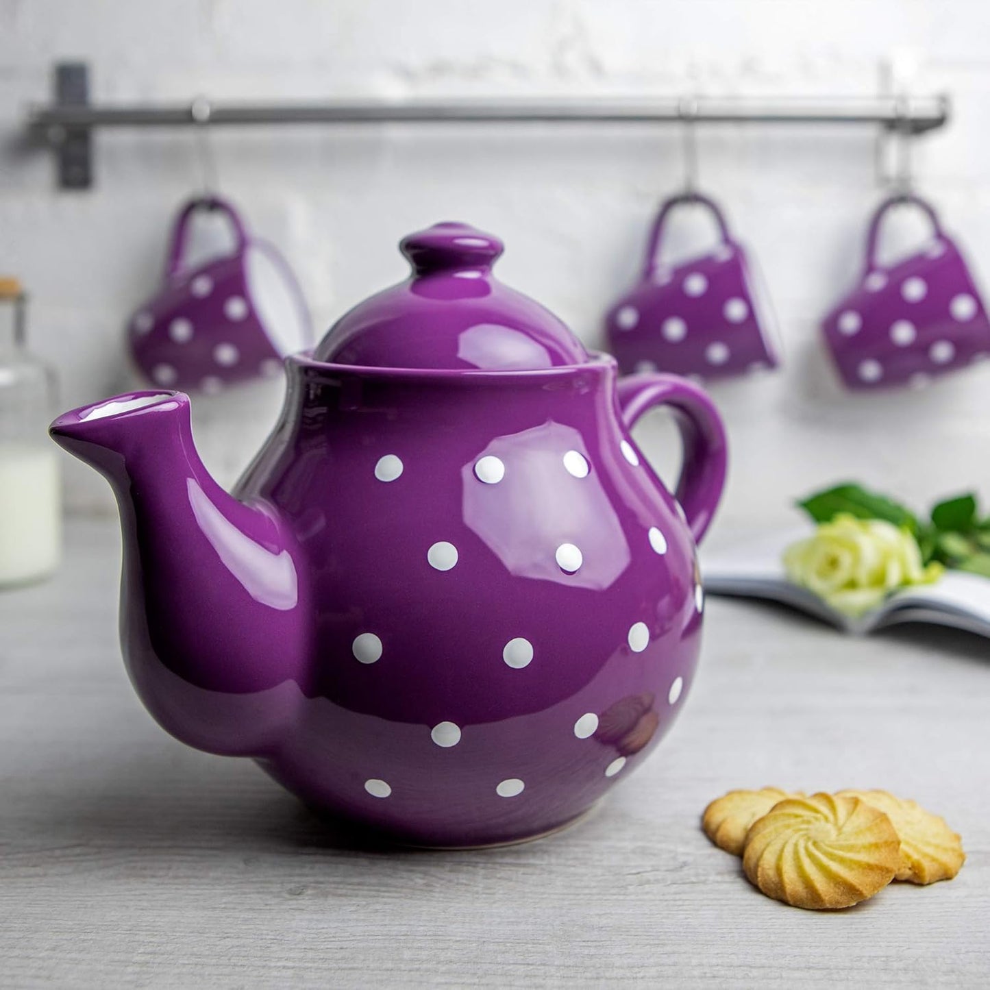 Handmade Purple and White Polka Dot Large Ceramic 1,7l/60oz/4-6 Cup Teapot, Milk Jug, Sugar Bowl Set, Pottery Tea Set, Housewarming Gift for Tea Lovers by City to Cottage®