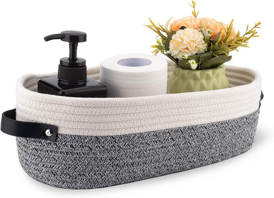 Small Cotton Rope Woven Basket Toilet Paper Baskets for Organizing Decorative Basket for Boho Decor Small Storage Basket 13"x5.9"x4" Variegated Gray&White