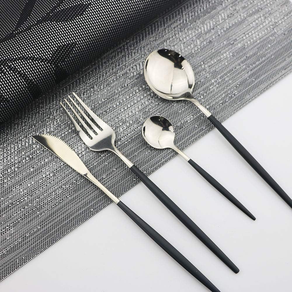 JASHII Black Silver Silverware Set, 20-Piece Stainless Steel Satin Finish Flatware, Kitchen Utensils, Mirror Polished Tableware Cutlery for Home and Restaurant, Dishwasher Safe