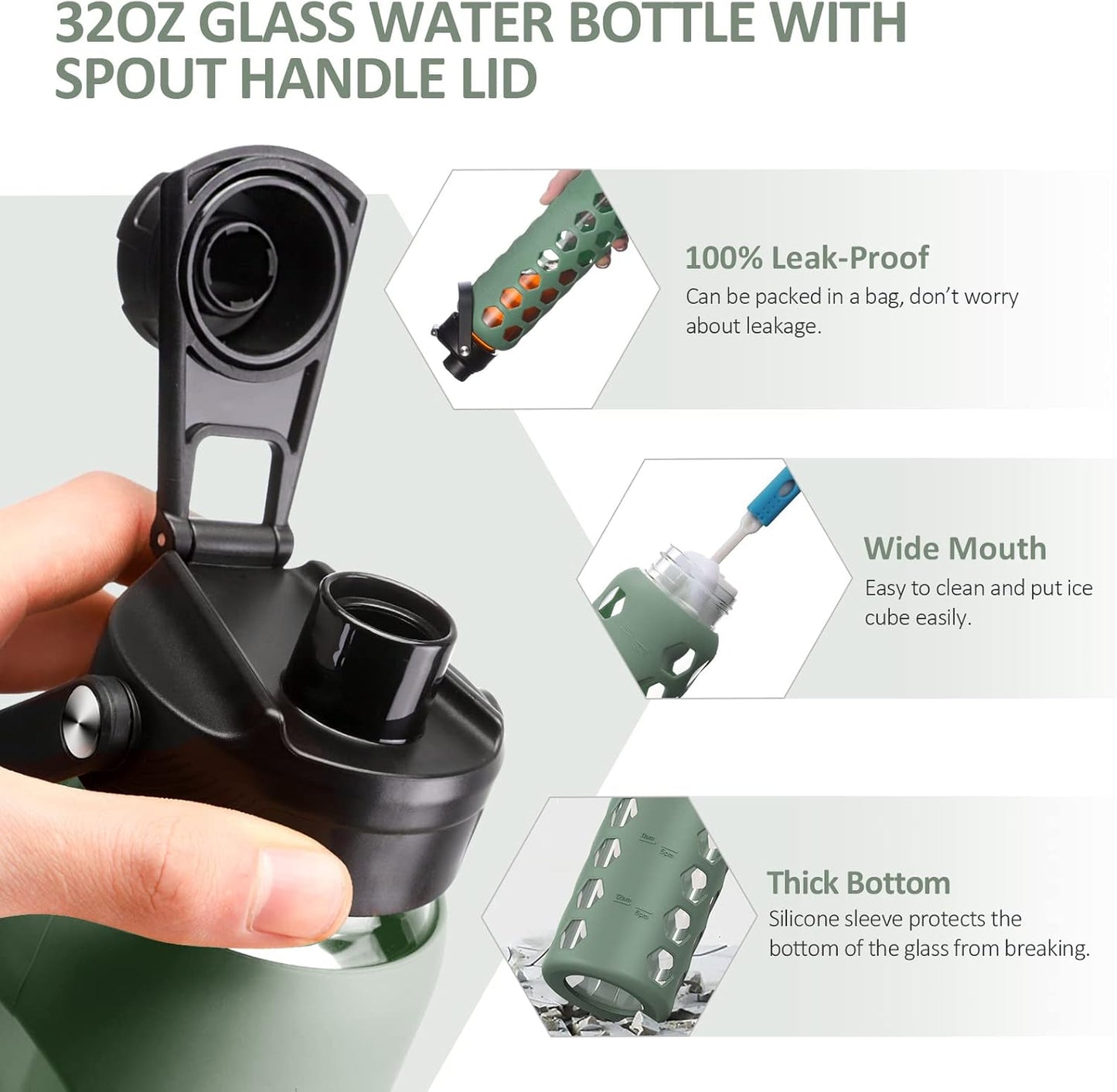 MUKOKO 24oz Glass Water Bottle with 2 Lids-Handle Flip Lid&Bamboo Straw Lid,Motivational Water Tumbler with Time Marker Reminder and Silicone Sleeve, Leakproof-Olive