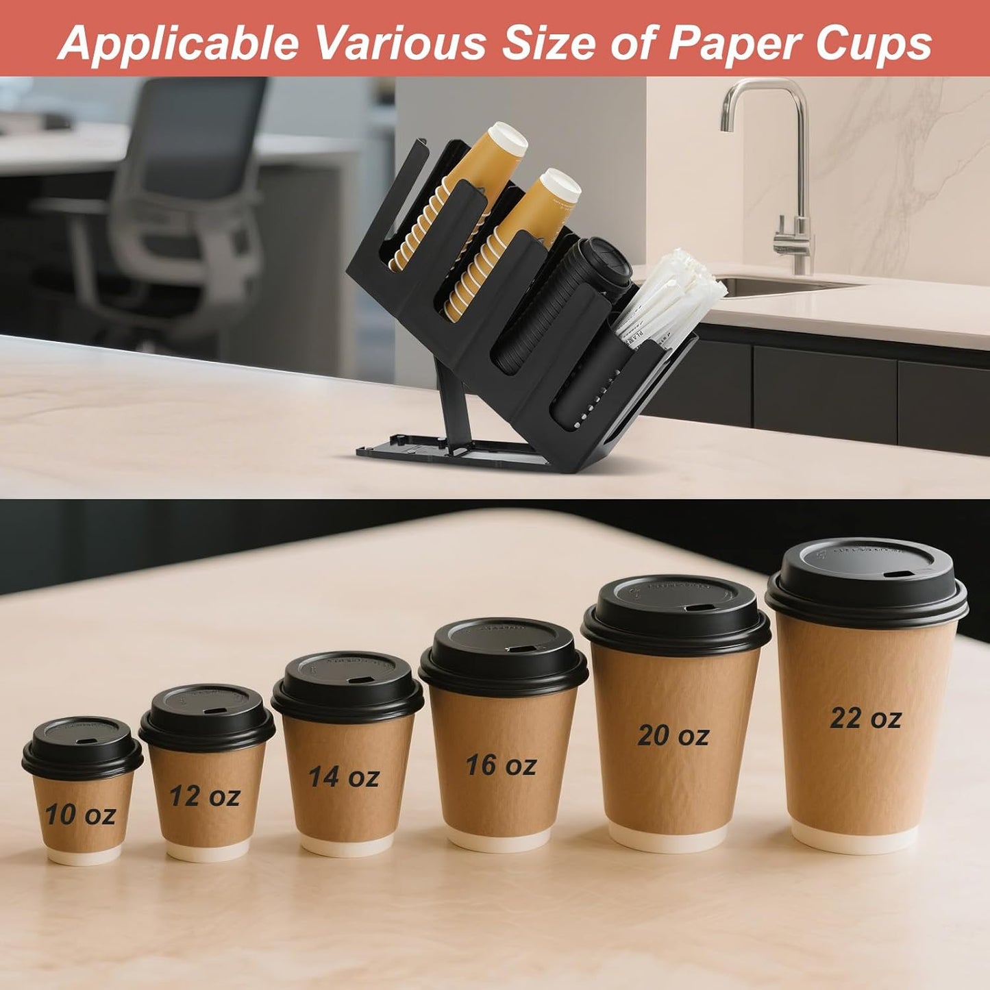Paper Cup and Lid Holder with Straw Organizer,4 Compartment Adjusting,Coffee Cup Dispenser for Countertop,Coffees Station,Bar Restaurant,Black