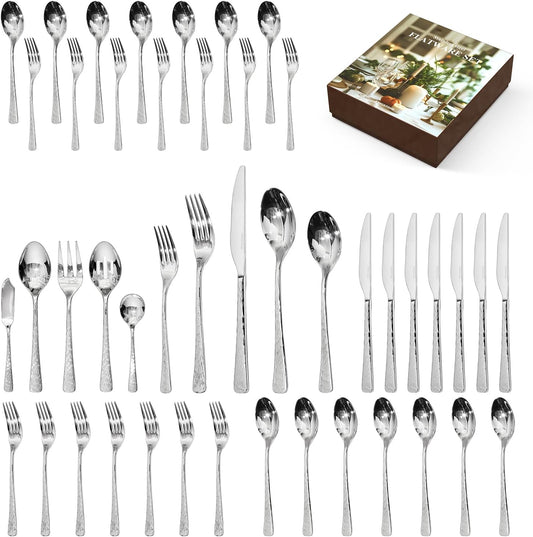 KINGSTONE Hammered Silverware Set, Flatware Set with Serving Utensils, 18/10 Stainless Steel Premium Cutlery with Unique Ripple Handles Design Mirror Polished - Dishwasher Safe (45-Piece)