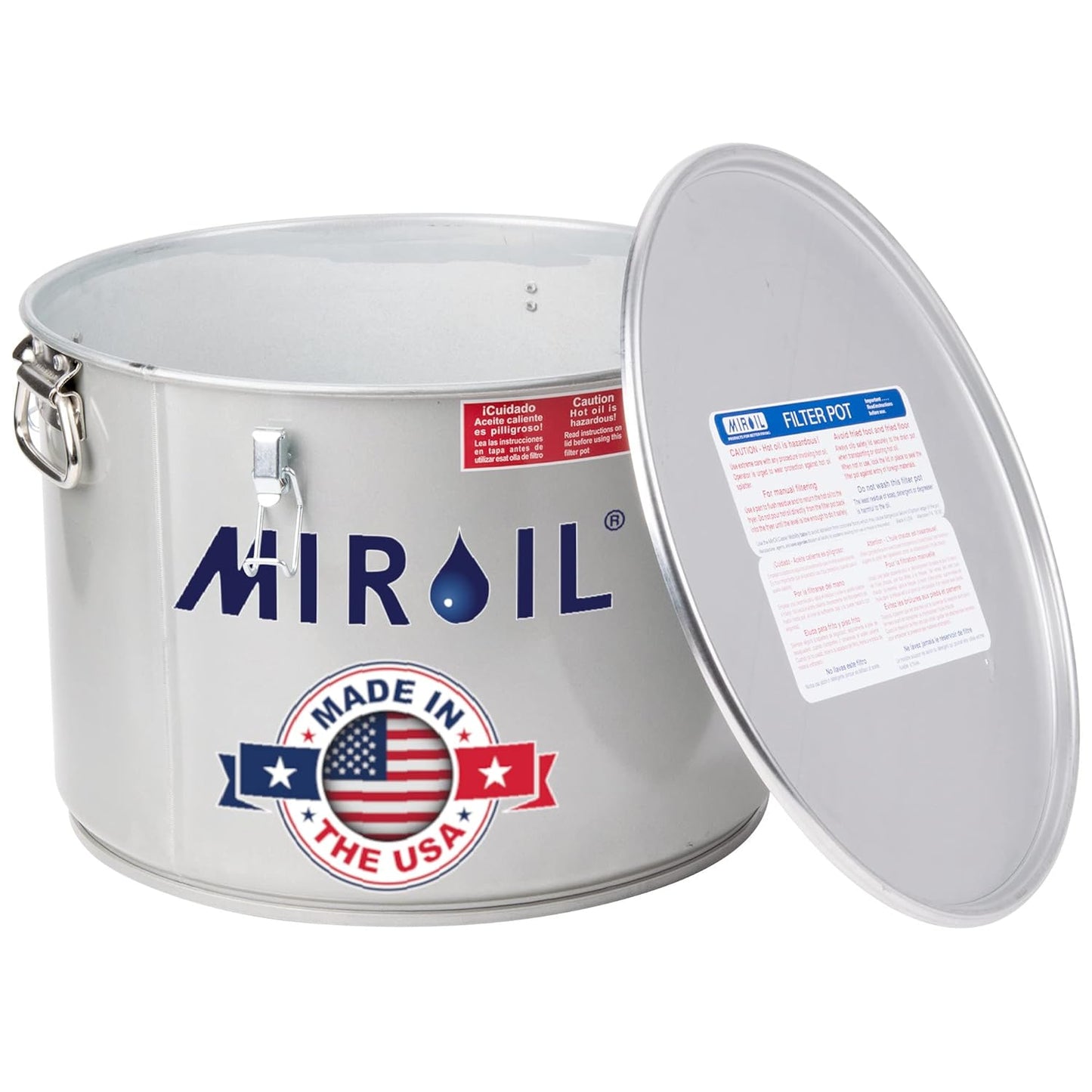 MirOil 7 Gal Grease Bucket & Oil Filter Pot, Made USA, Gasket Safety Lid with Lock Clips, Fryer Oil Capacity Up to 55 lbs. Low Profile To Fit Under Drain Valves, For Filtering of Hot Oil, 60L