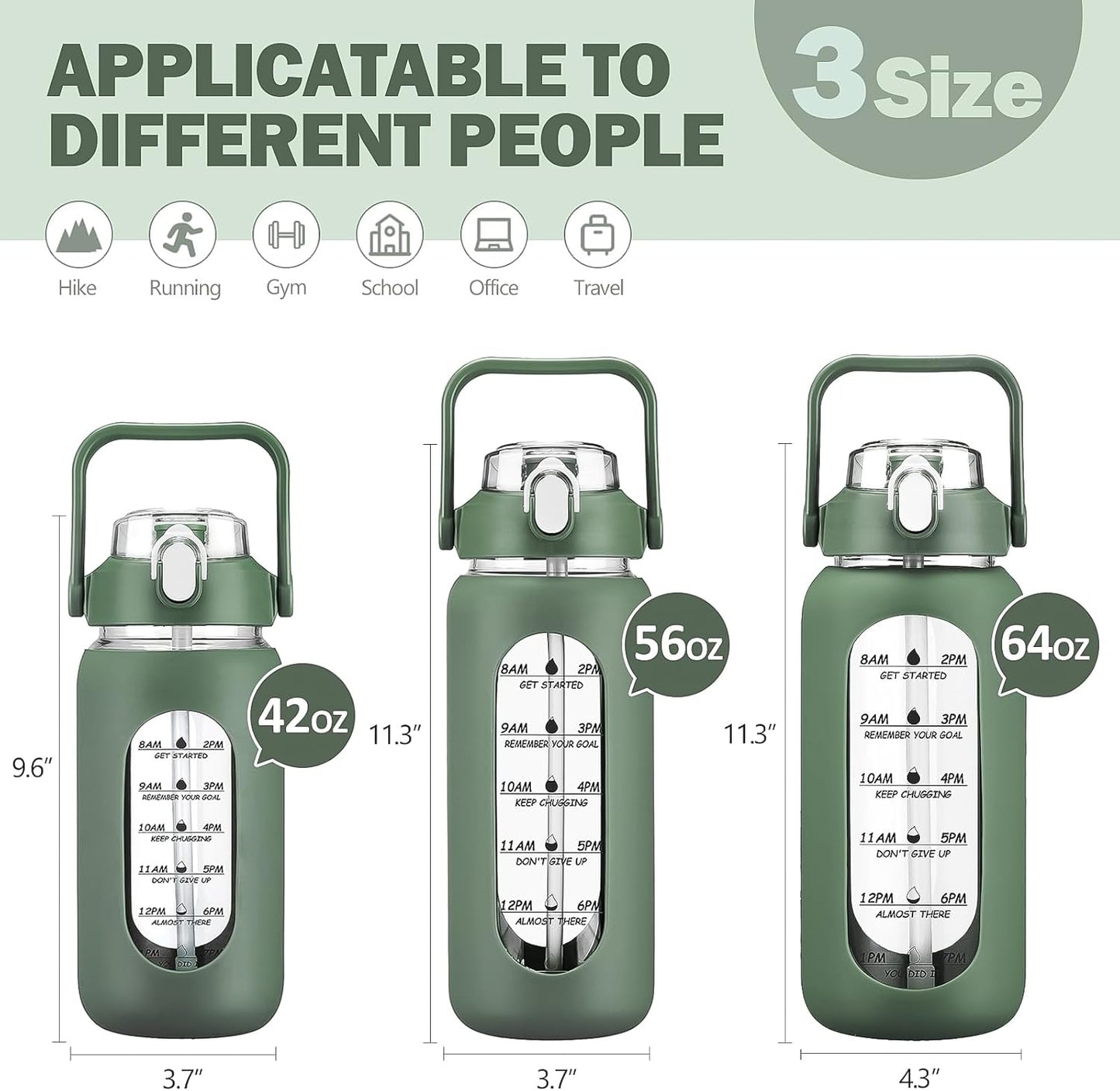 kytffu 56oz Glass Water Bottles with Straw, Motivational Glass Bottle with Silicone Sleeve and Time Marker, Leakproof Large Glass Water Jug for Gym Home Office,Olive